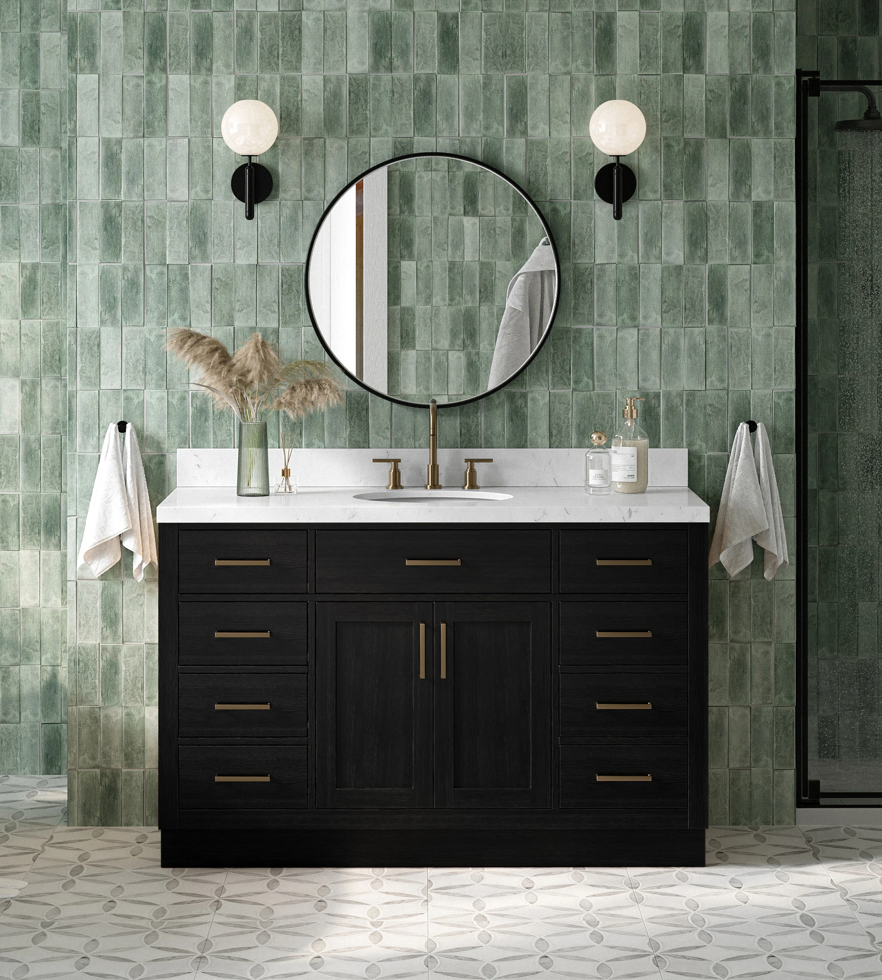 ARIEL Hepburn 54 Inch Single Oval Sink Bathroom Vanity With Carrara White Quartz Countertop 1.5 Inch In Black Oak