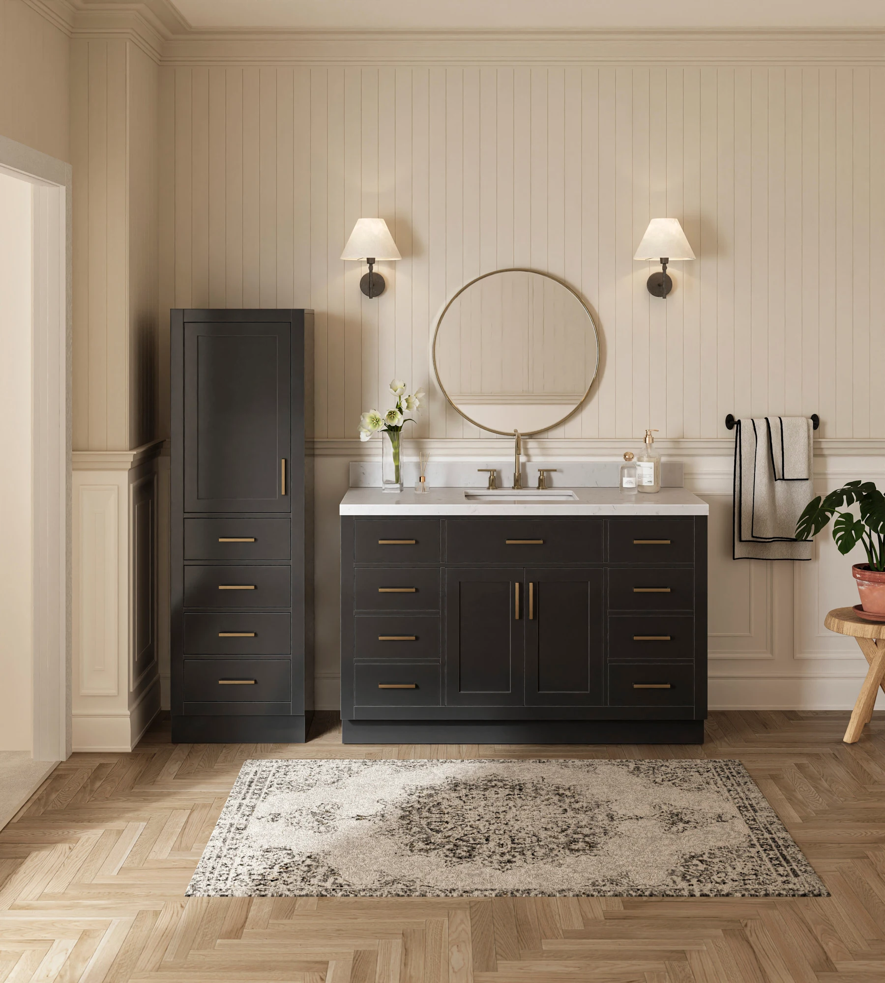 ARIEL Hepburn 74" Single Bathroom Vanity With Linen Cabinet In Black