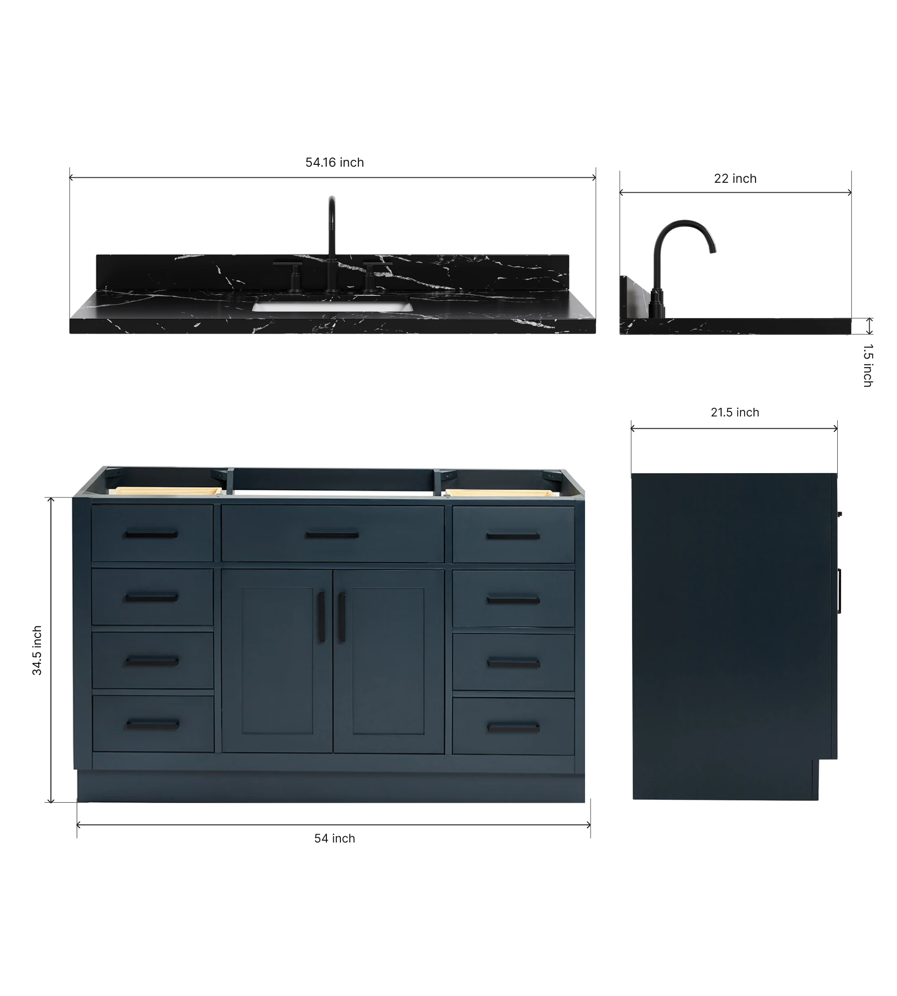 ARIEL Hepburn 54 Inch Single Rectangular Sink Bathroom Vanity With Nero Marquina Black Quartz Countertop 1.5 Inch In Midnight Blue