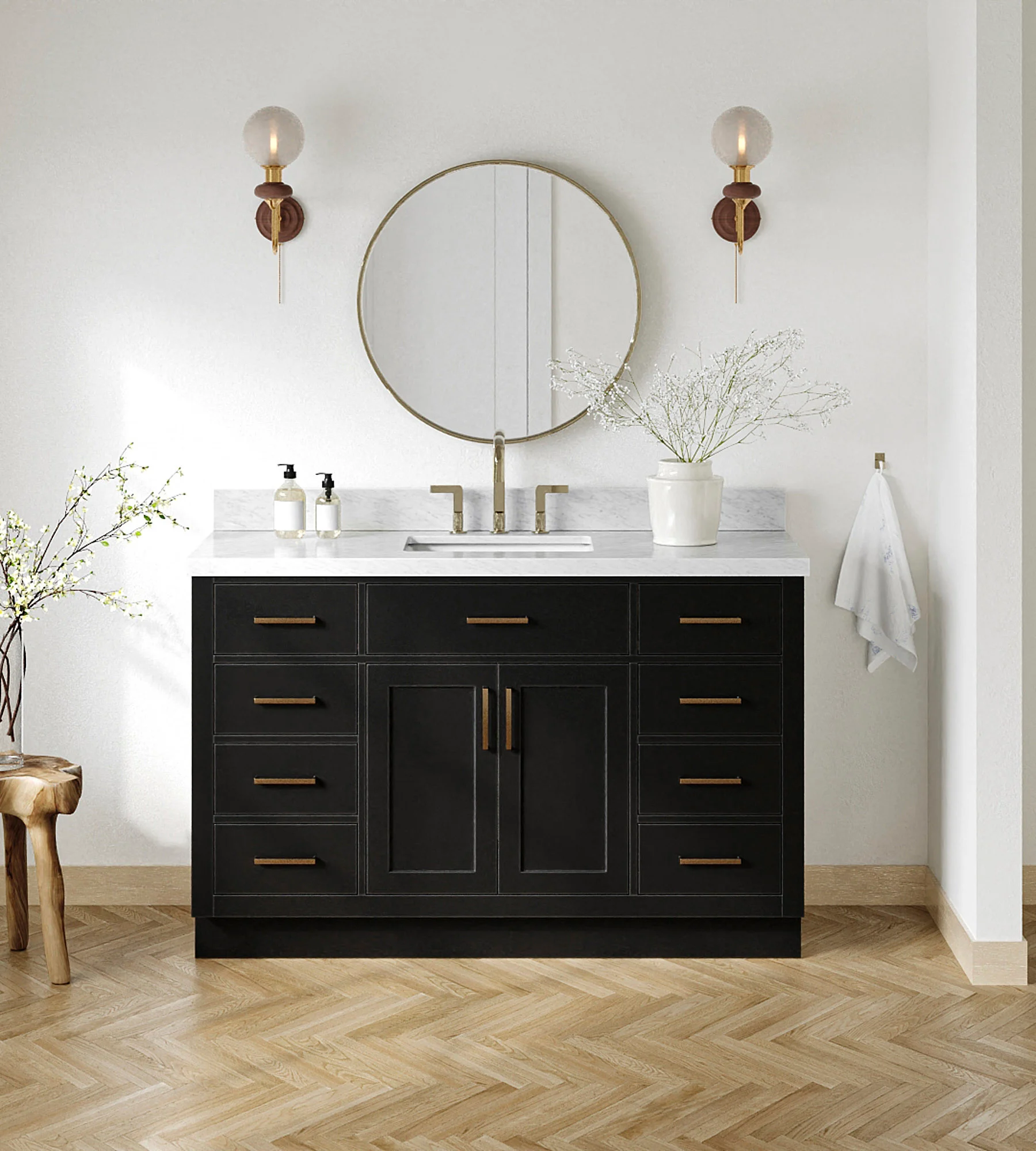 ARIEL Hepburn 55 Inch Rectangle Sink Bathroom Vanity With 1.5 Inch Carrara White Marble Countertop In Black