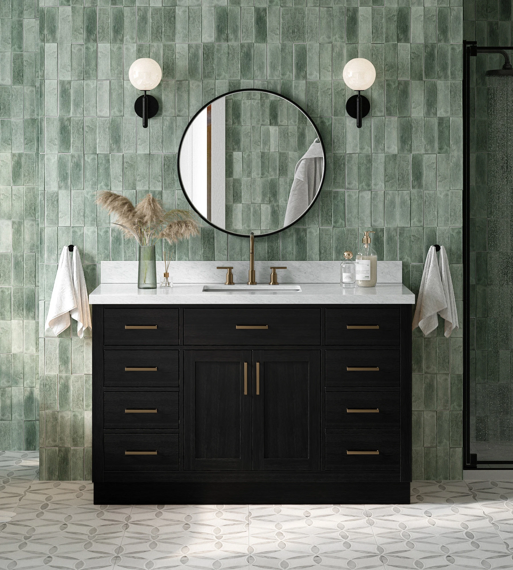 ARIEL Hepburn 55 Inch Single Rectangle Sink Bathroom Vanity With Carrara White Marble Countertop 1.5 Inch In Black Oak