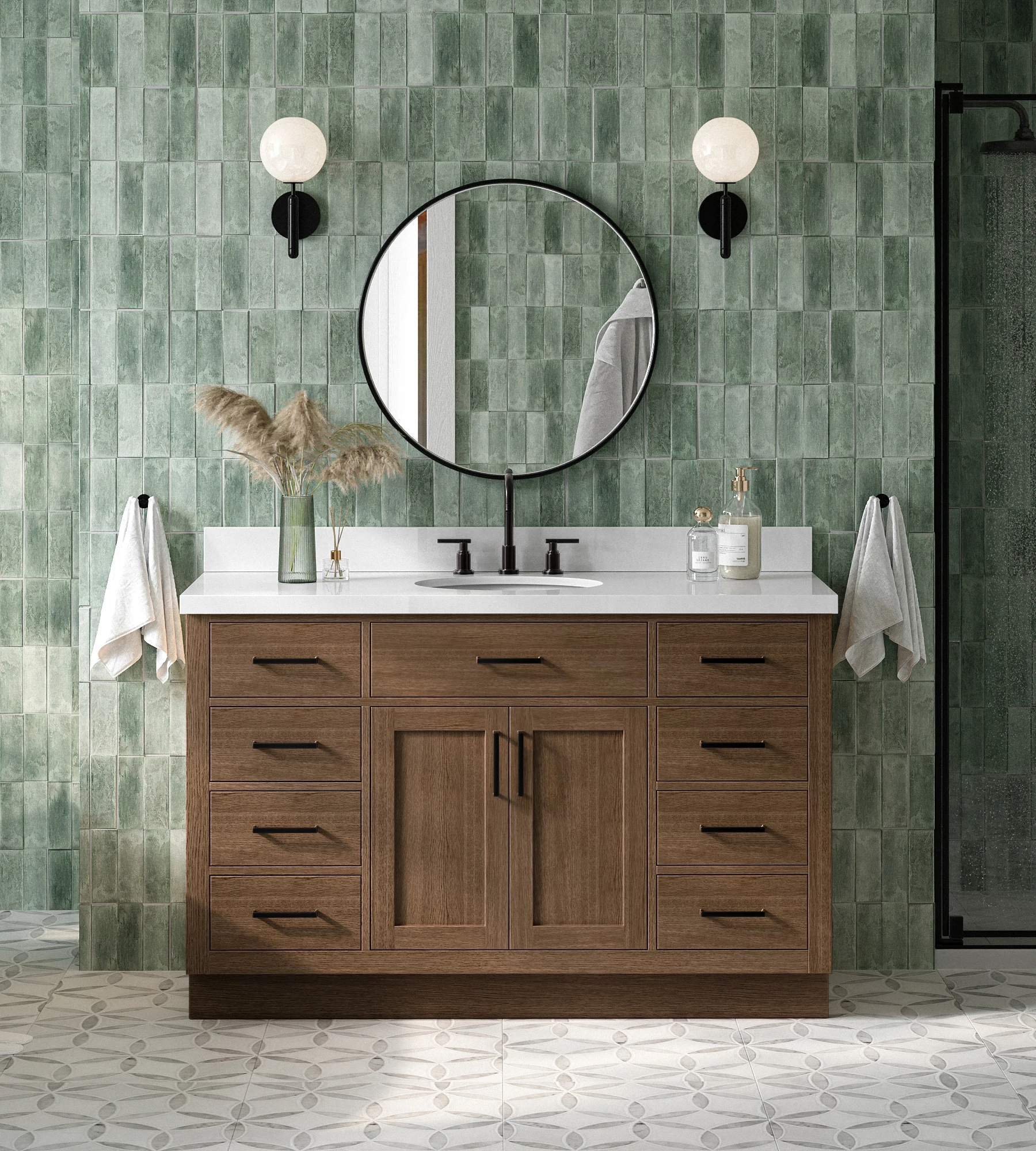ARIEL Hepburn 55 Inch Single Oval Sink Bathroom Vanity With Pure White Quartz Countertop 1.5 Inch In Brown Oak