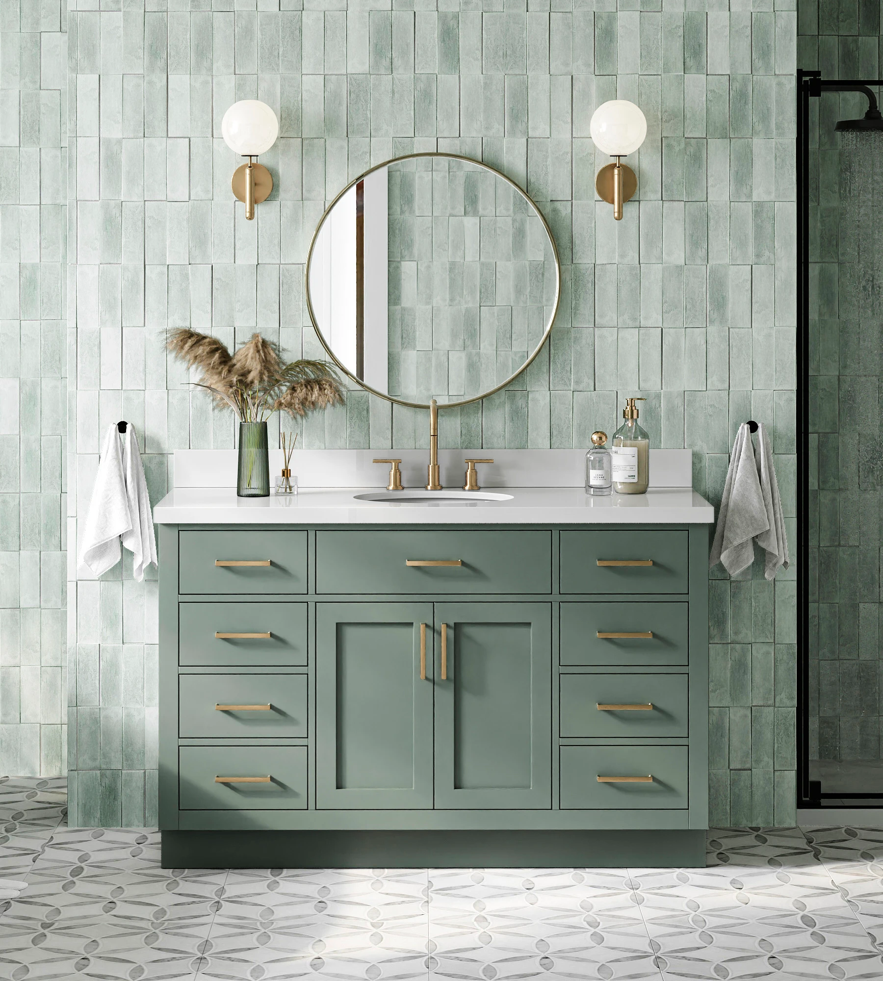 ARIEL Hepburn 55 Inch Single Oval Sink Bathroom Vanity With Pure White Quartz Countertop 1.5 Inch In Vintage Sage Green