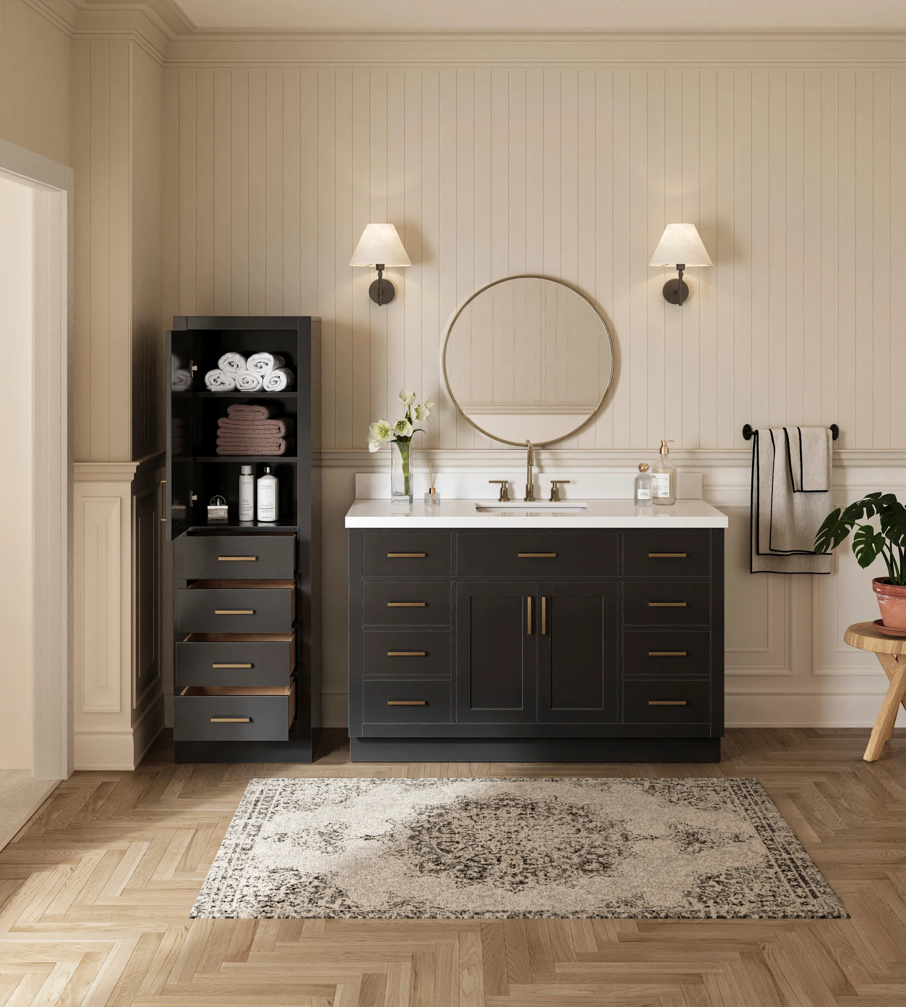 ARIEL Hepburn 75" Single Bathroom Vanity With Linen Cabinet In Black