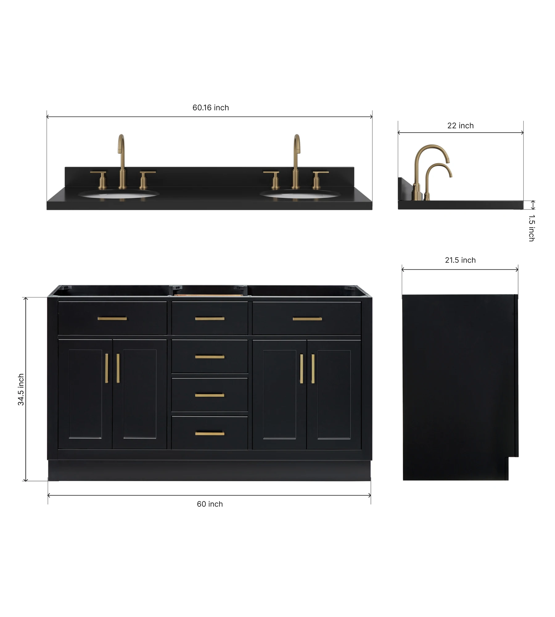ARIEL Hepburn 60 Inch Double Oval Sink Bathroom Vanity With Carbon Black Quartz Countertop 1.5 Inch In Black