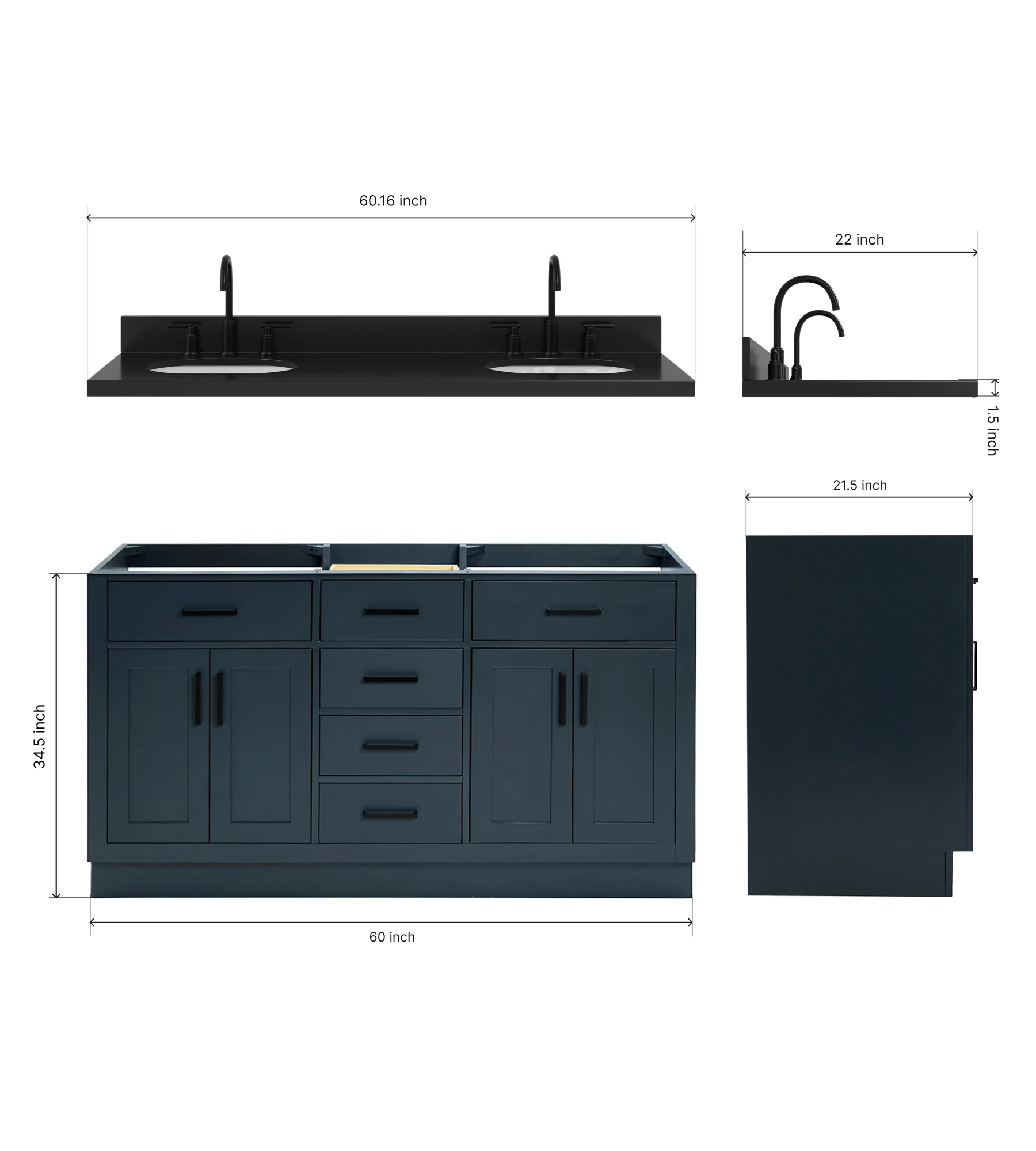 ARIEL Hepburn 60 Inch Double Oval Sink Bathroom Vanity With Carbon Black Quartz Countertop 1.5 Inch In Midnight Blue