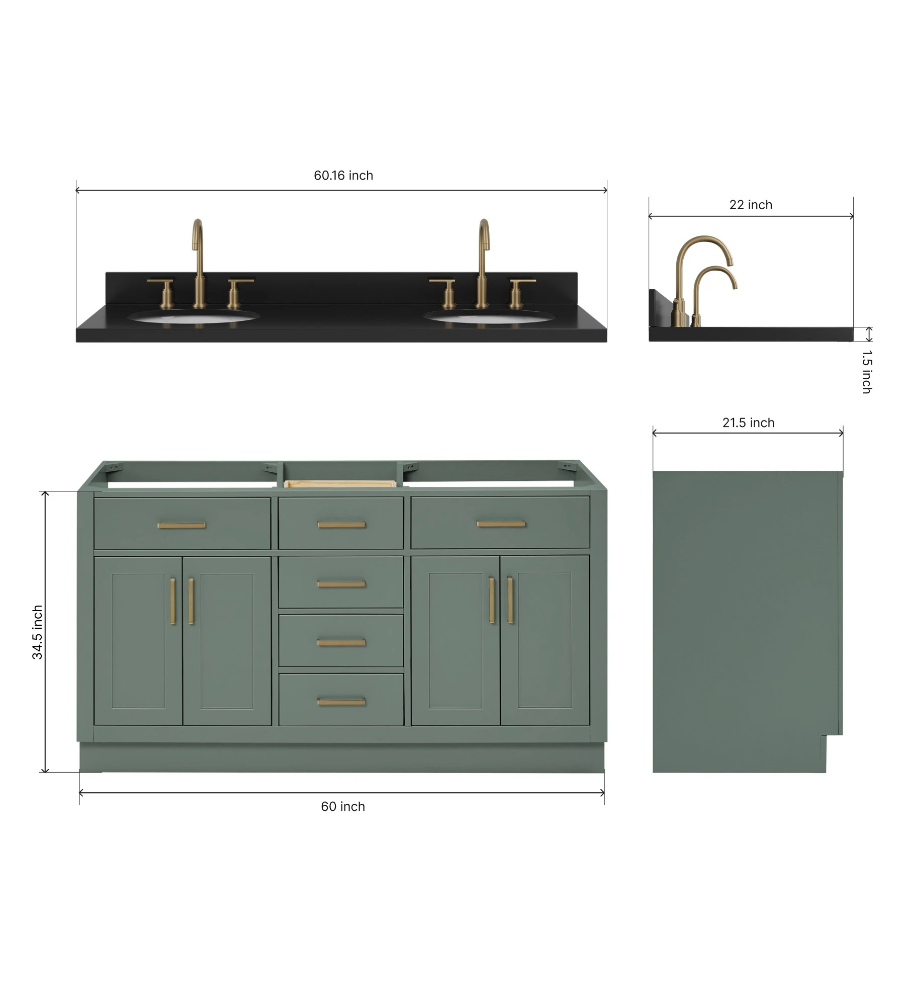 ARIEL Hepburn 60 Inch Double Oval Sink Bathroom Vanity With Carbon Black Quartz Countertop 1.5 Inch In Vintage Sage Green