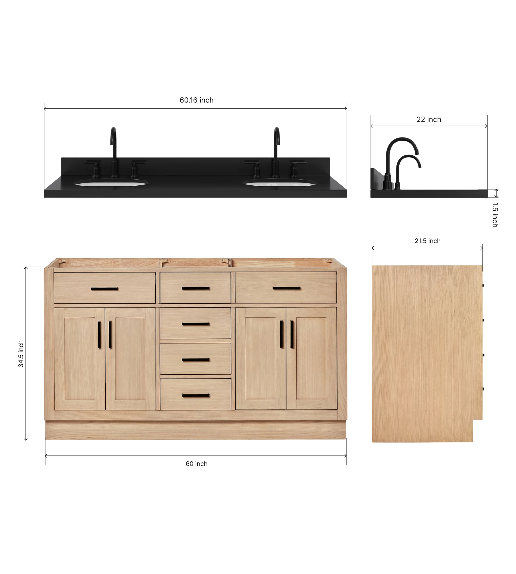 ARIEL Hepburn 60 Inch Double Oval Sink Bathroom Vanity With Carbon Black Quartz Countertop 1.5 Inch In Oak