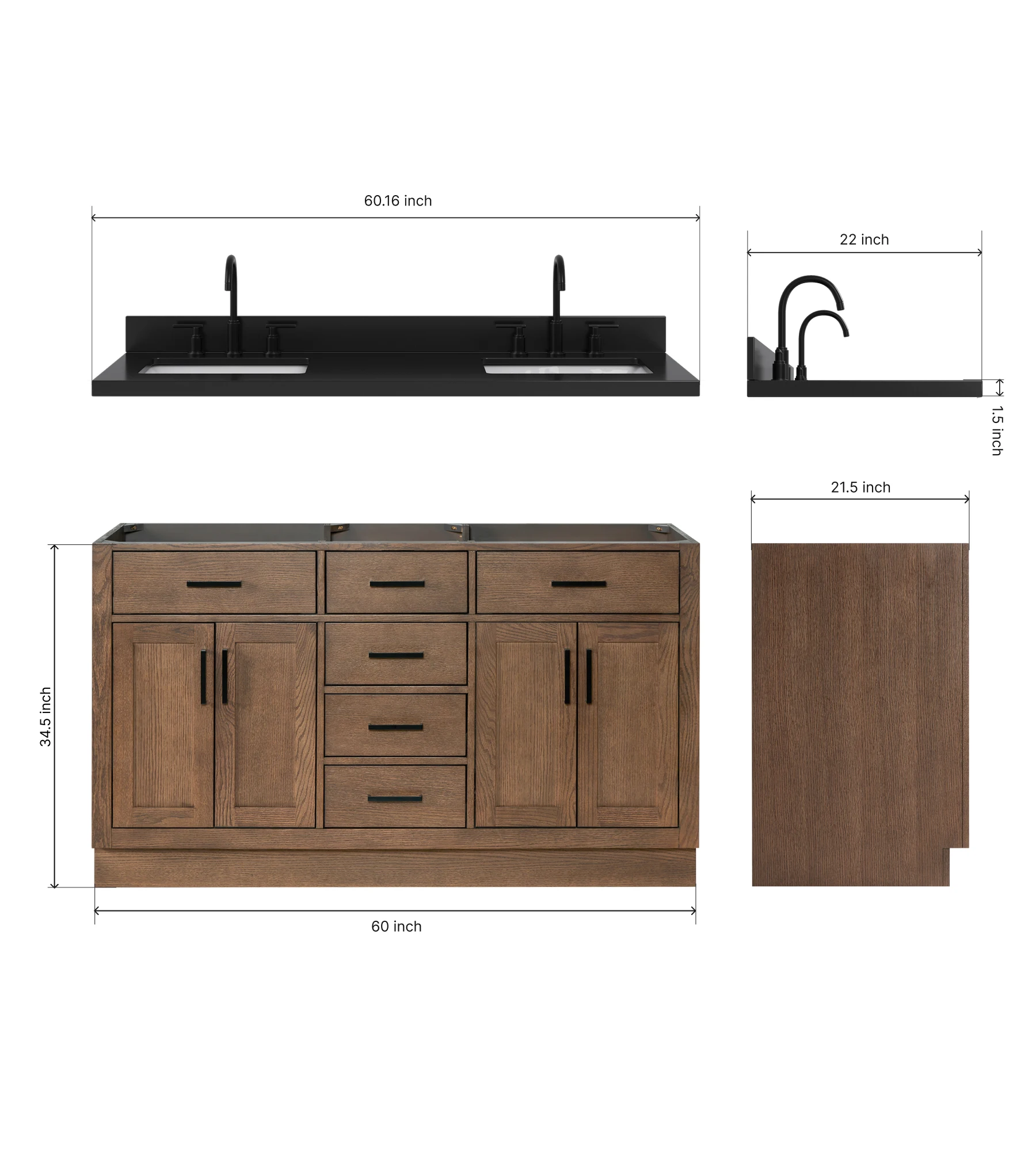 ARIEL Hepburn 60 Inch Double Rectangle Sink Bathroom Vanity With Carbon Black Quartz Countertop 1.5 Inch In Brown Oak
