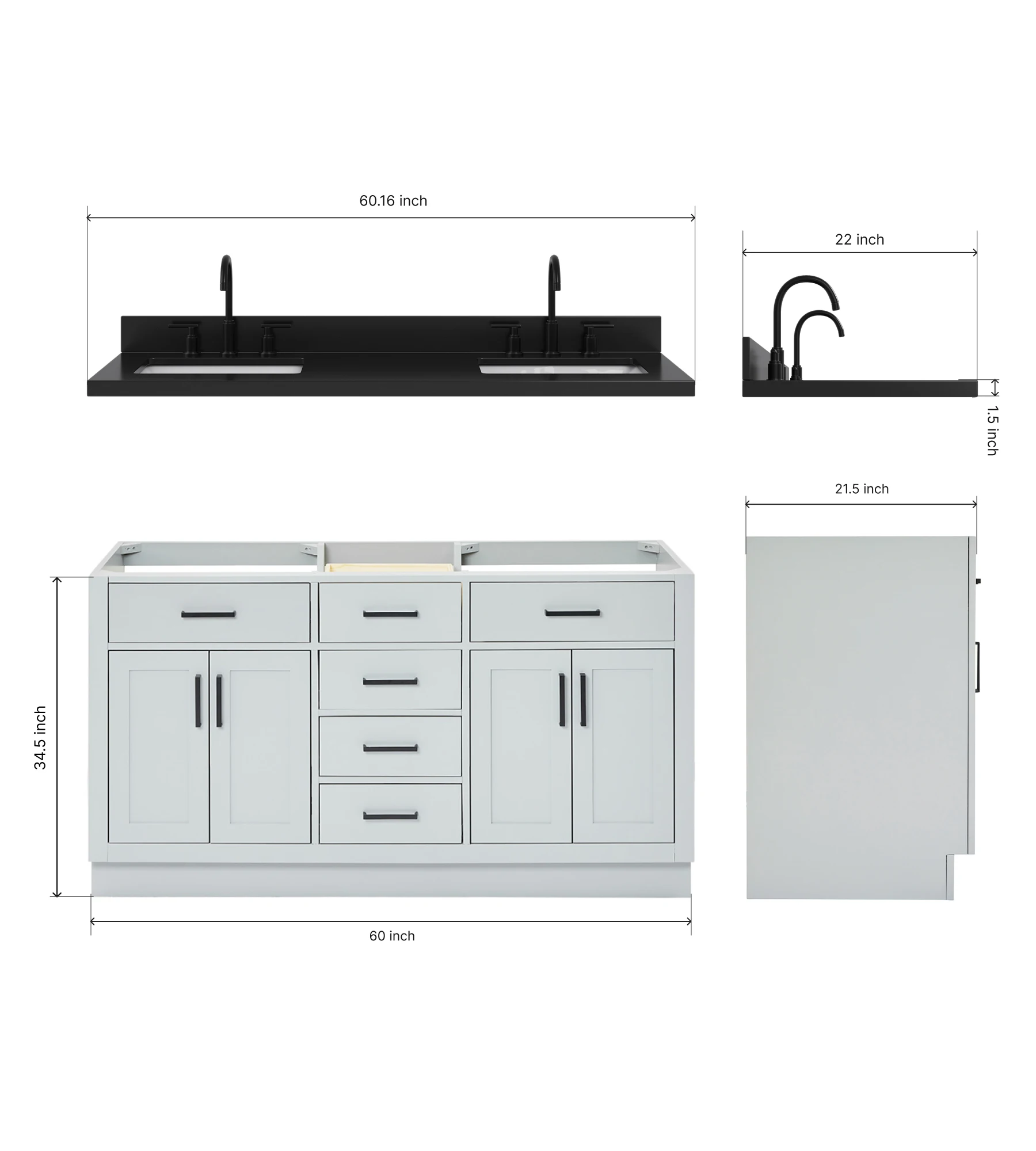 ARIEL Hepburn 60 Inch Double Rectangle Sink Bathroom Vanity With Carbon Black Quartz Countertop 1.5 Inch In Grey