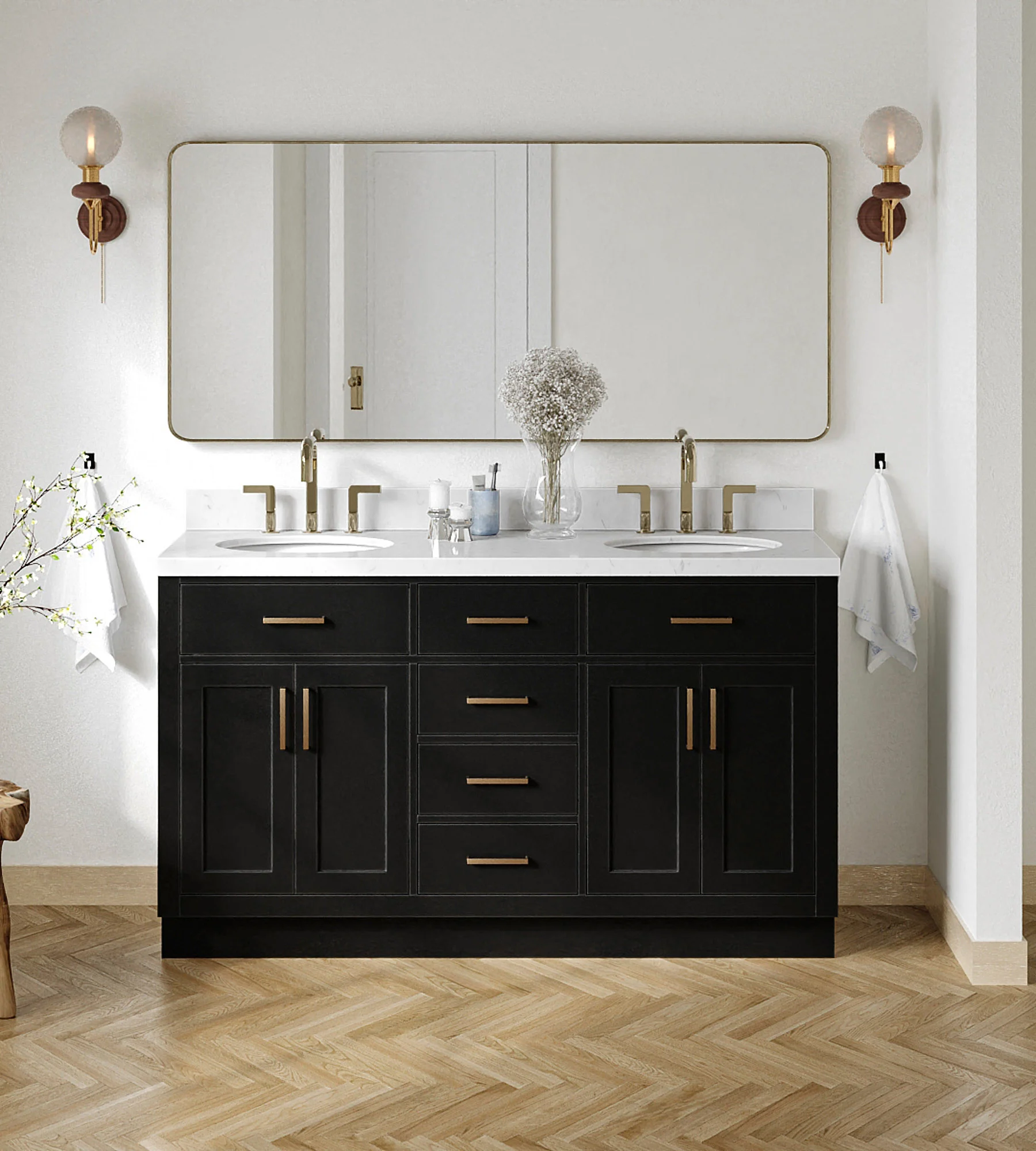 ARIEL Hepburn 60 Inch Double Sink Base Cabinet In Black
