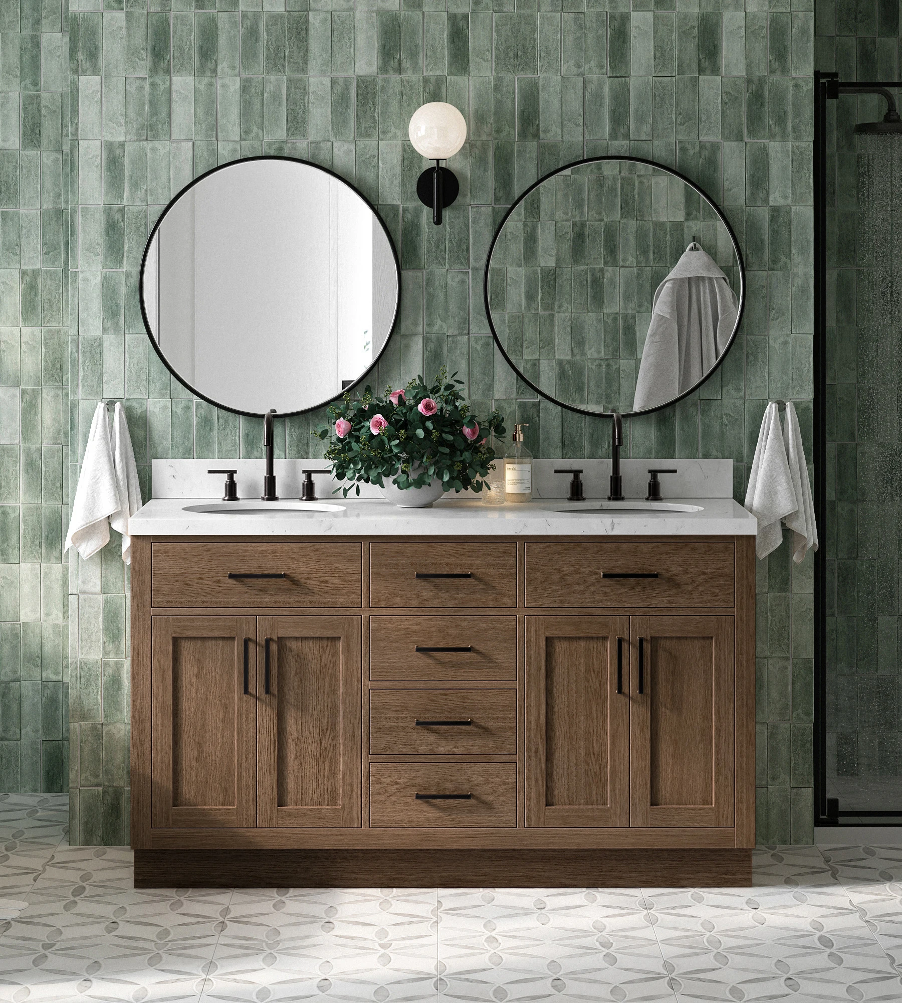 ARIEL Hepburn 60 Inch Double Oval Sink Bathroom Vanity With Carrara White Quartz Countertop 1.5 Inch In Brown Oak