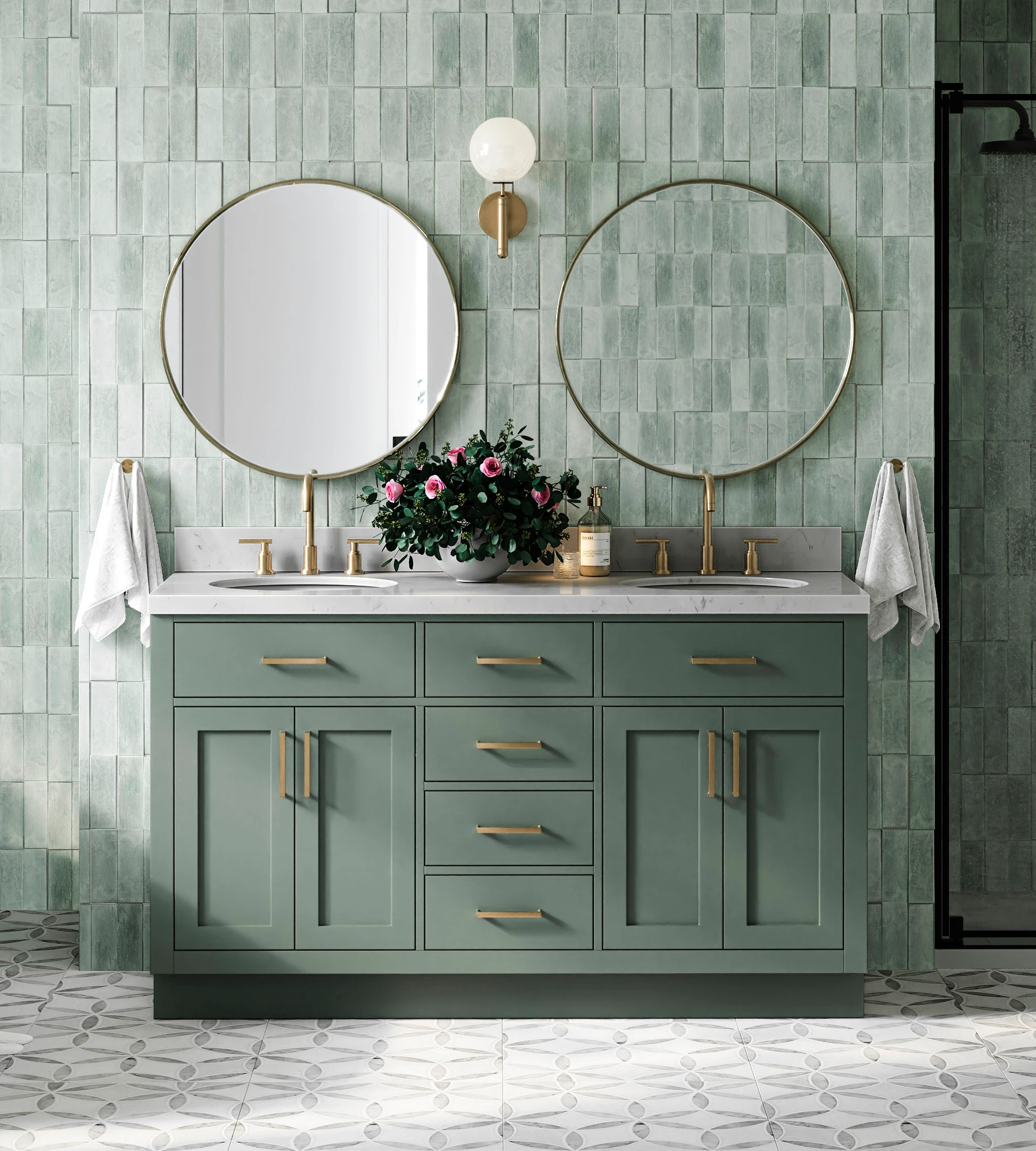 ARIEL Hepburn 60 Inch Double Oval Sink Bathroom Vanity With Carrara White Quartz Countertop 1.5 Inch In Vintage Sage Green