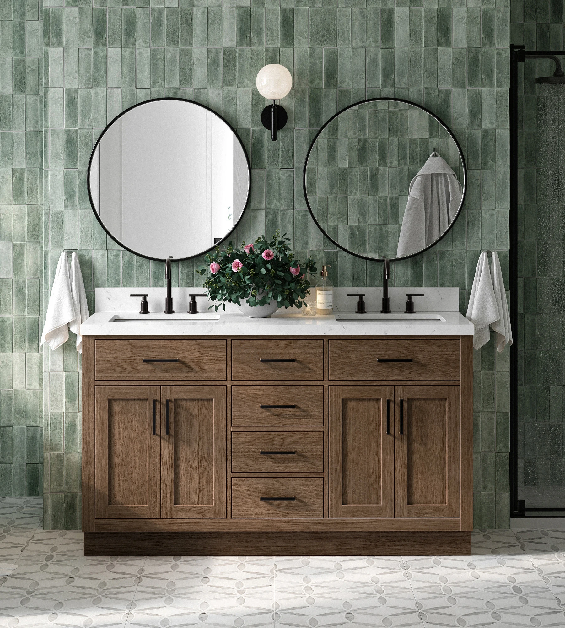 ARIEL Hepburn 60 Inch Double Rectangle Sink Bathroom Vanity With Carrara White Quartz Countertop 1.5 Inch In Brown Oak