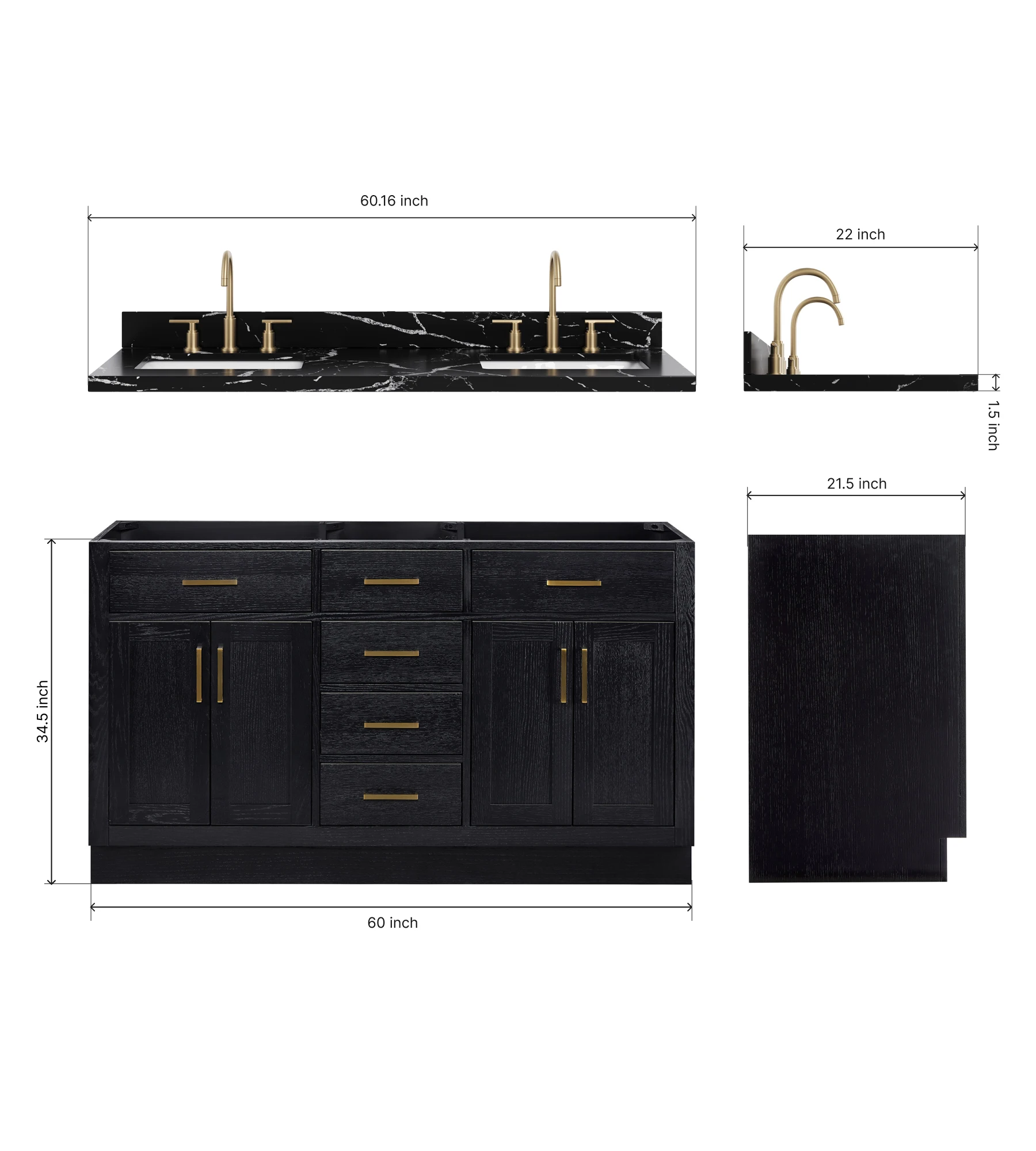 ARIEL Hepburn 60 Inch Double Rectangular Sink Bathroom Vanity With Nero Marquina Black Quartz Countertop 1.5 Inch In Black Oak