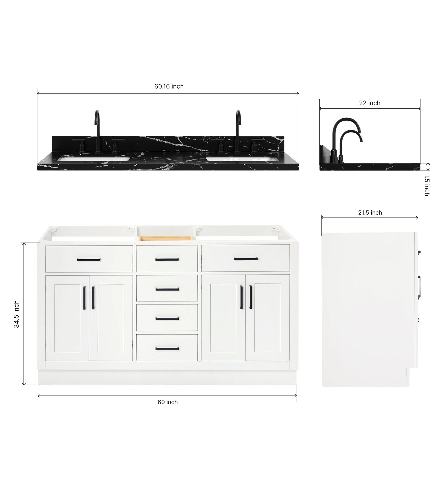 ARIEL Hepburn 60 Inch Double Rectangular Sink Bathroom Vanity With Nero Marquina Black Quartz Countertop 1.5 Inch In White