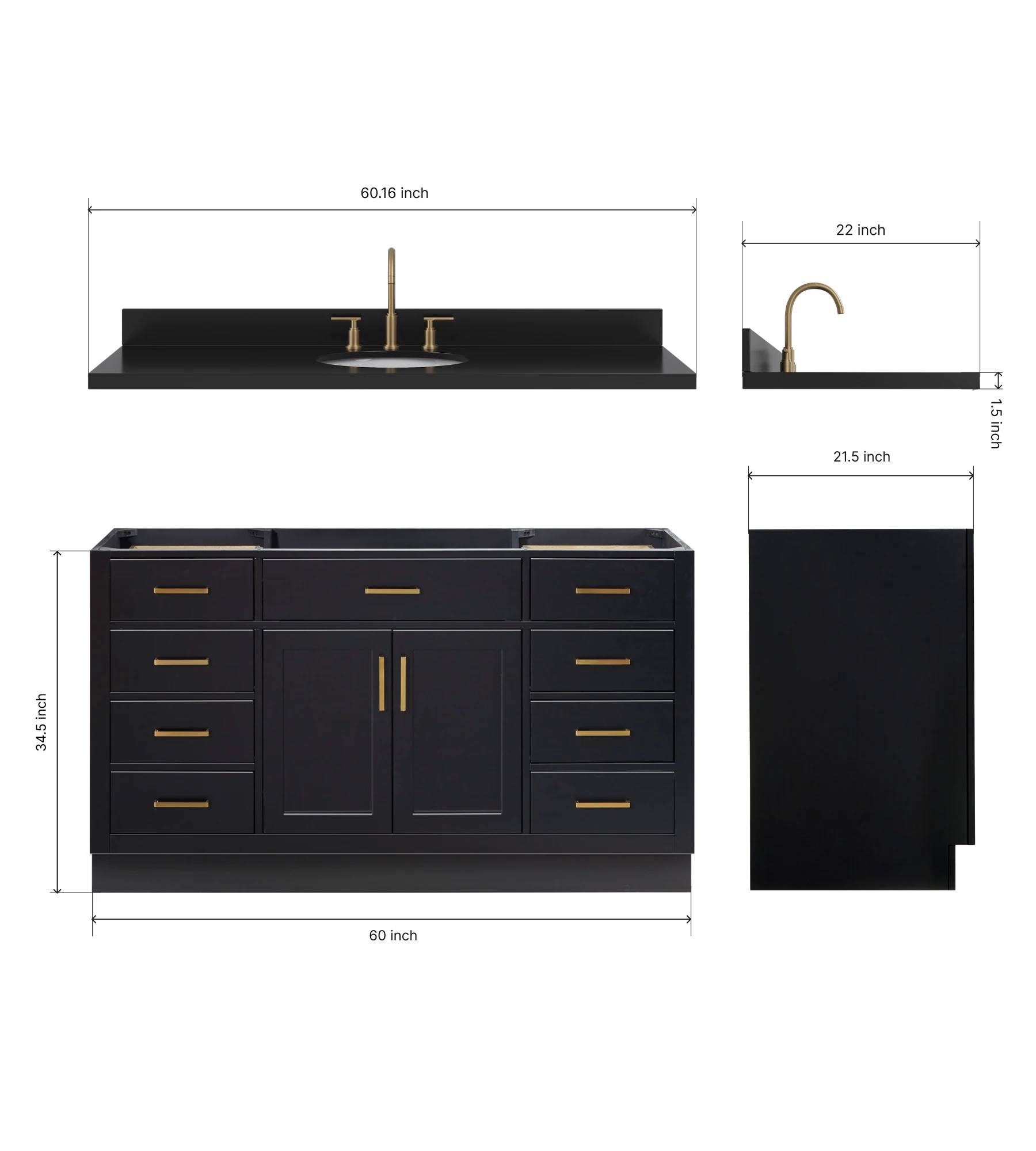 ARIEL Hepburn 60 Inch Single Oval Sink Bathroom Vanity With Carbon Black Quartz Countertop 1.5 Inch In Black