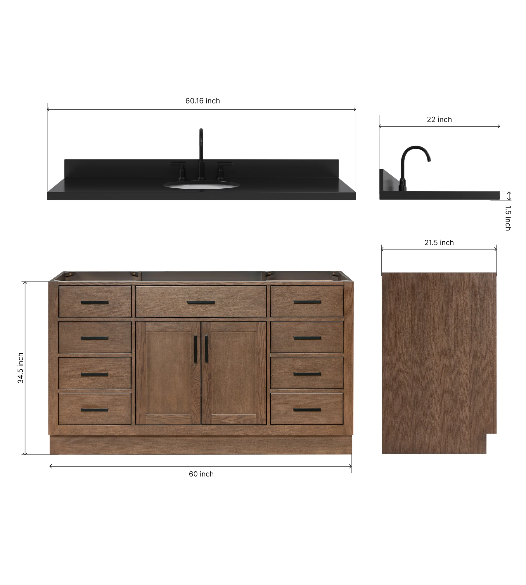 ARIEL Hepburn 60 Inch Single Oval Sink Bathroom Vanity With Carbon Black Quartz Countertop 1.5 Inch In Brown Oak