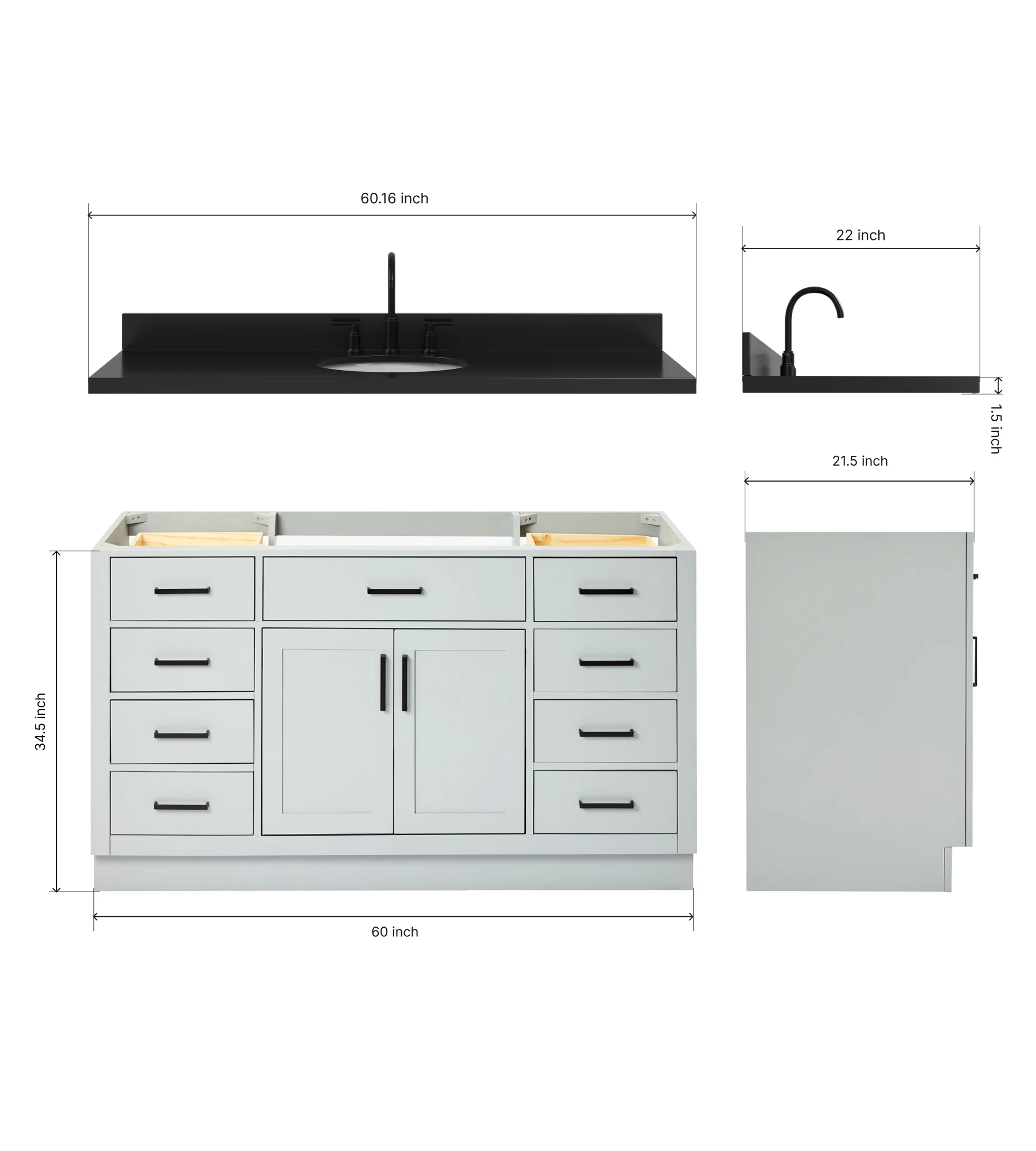 ARIEL Hepburn 60 Inch Single Oval Sink Bathroom Vanity With Carbon Black Quartz Countertop 1.5 Inch In Grey