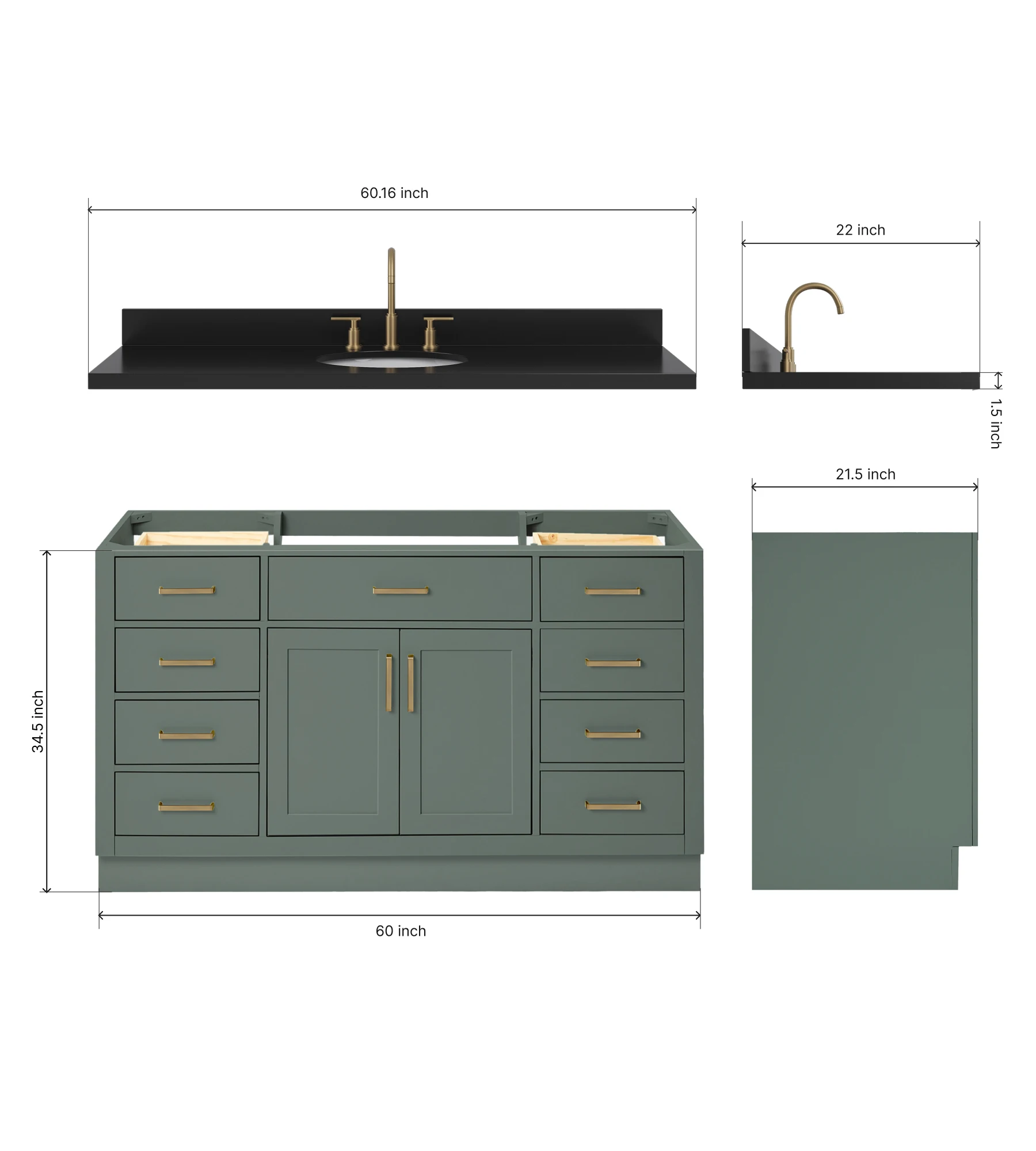 ARIEL Hepburn 60 Inch Single Oval Sink Bathroom Vanity With Carbon Black Quartz Countertop 1.5 Inch In Vintage Sage Green