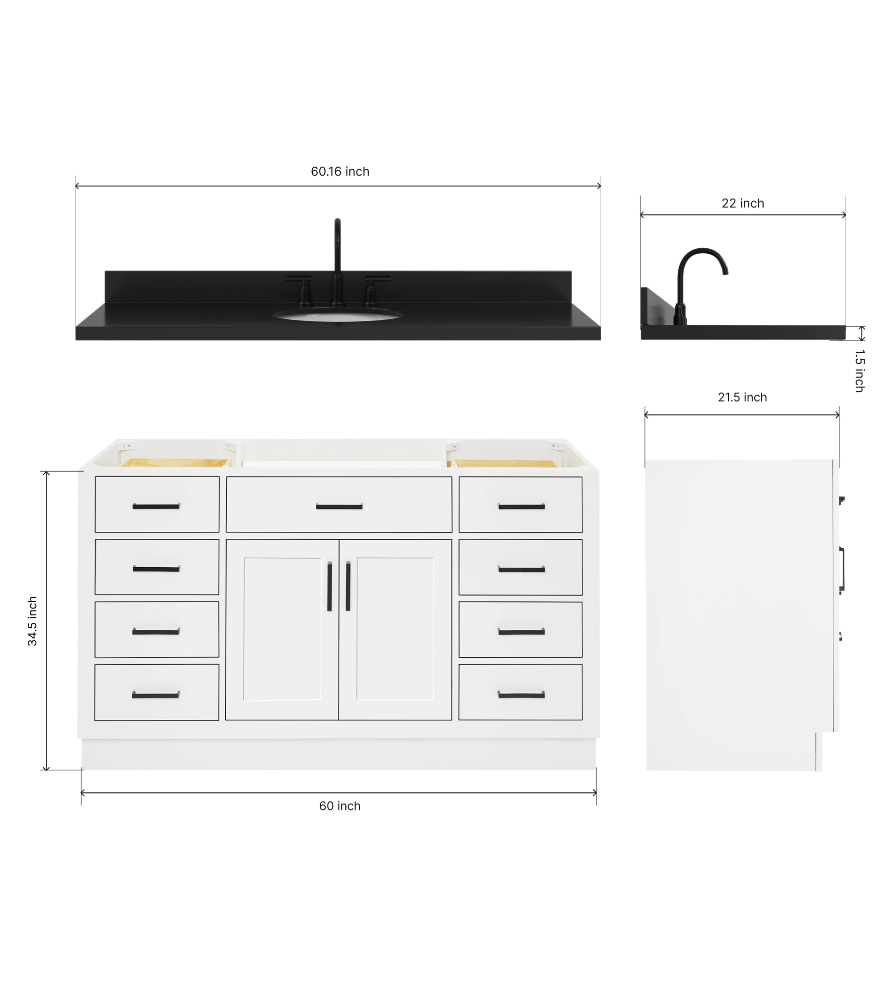ARIEL Hepburn 60 Inch Single Oval Sink Bathroom Vanity With Carbon Black Quartz Countertop 1.5 Inch In White