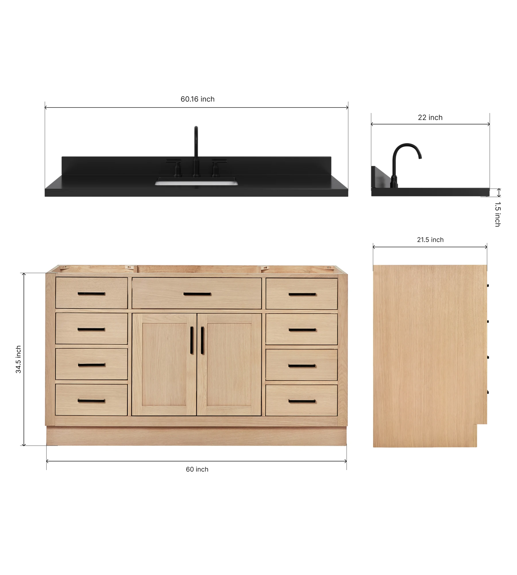 ARIEL Hepburn 60 Inch Single Rectangle Sink Bathroom Vanity With Carbon Black Quartz Countertop 1.5 Inch In Oak