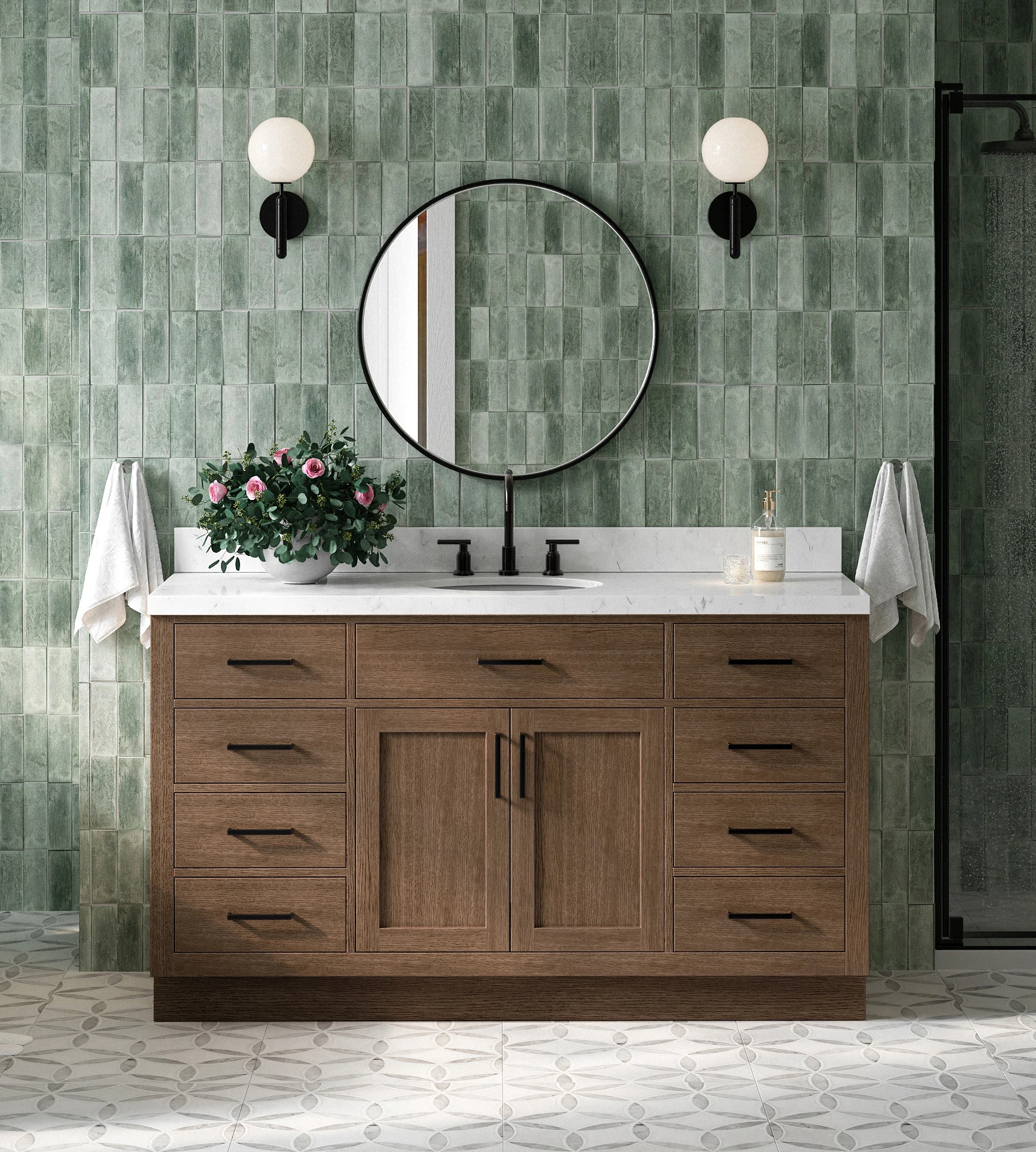 ARIEL Hepburn 60 Inch Single Oval Sink Bathroom Vanity With Carrara White Quartz Countertop 1.5 Inch In Brown Oak