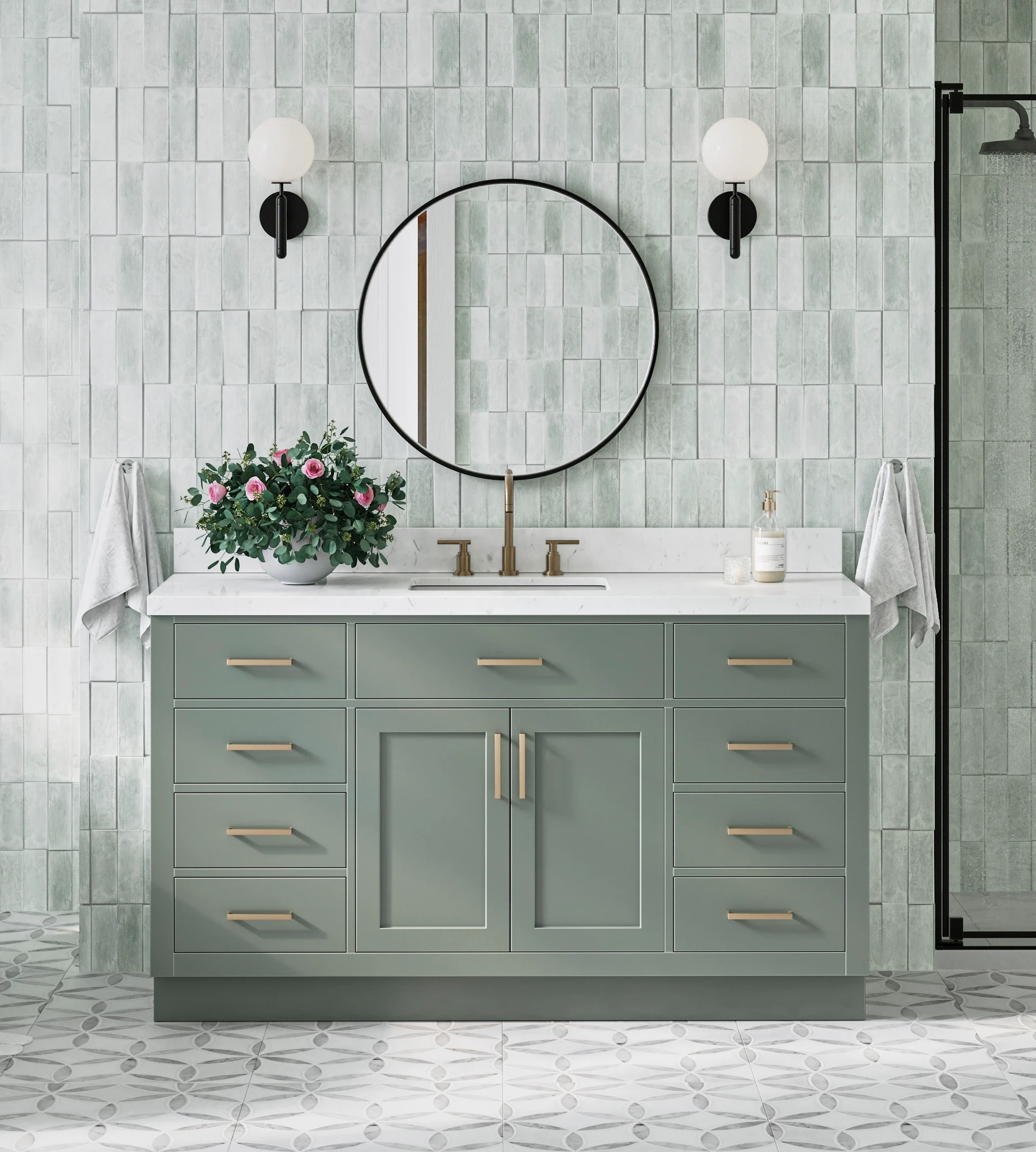ARIEL Hepburn 60 Inch Rectangle Sink Bathroom Vanity With Carrara White Quartz Countertop 1.5 Edge In Vintage Sage Green
