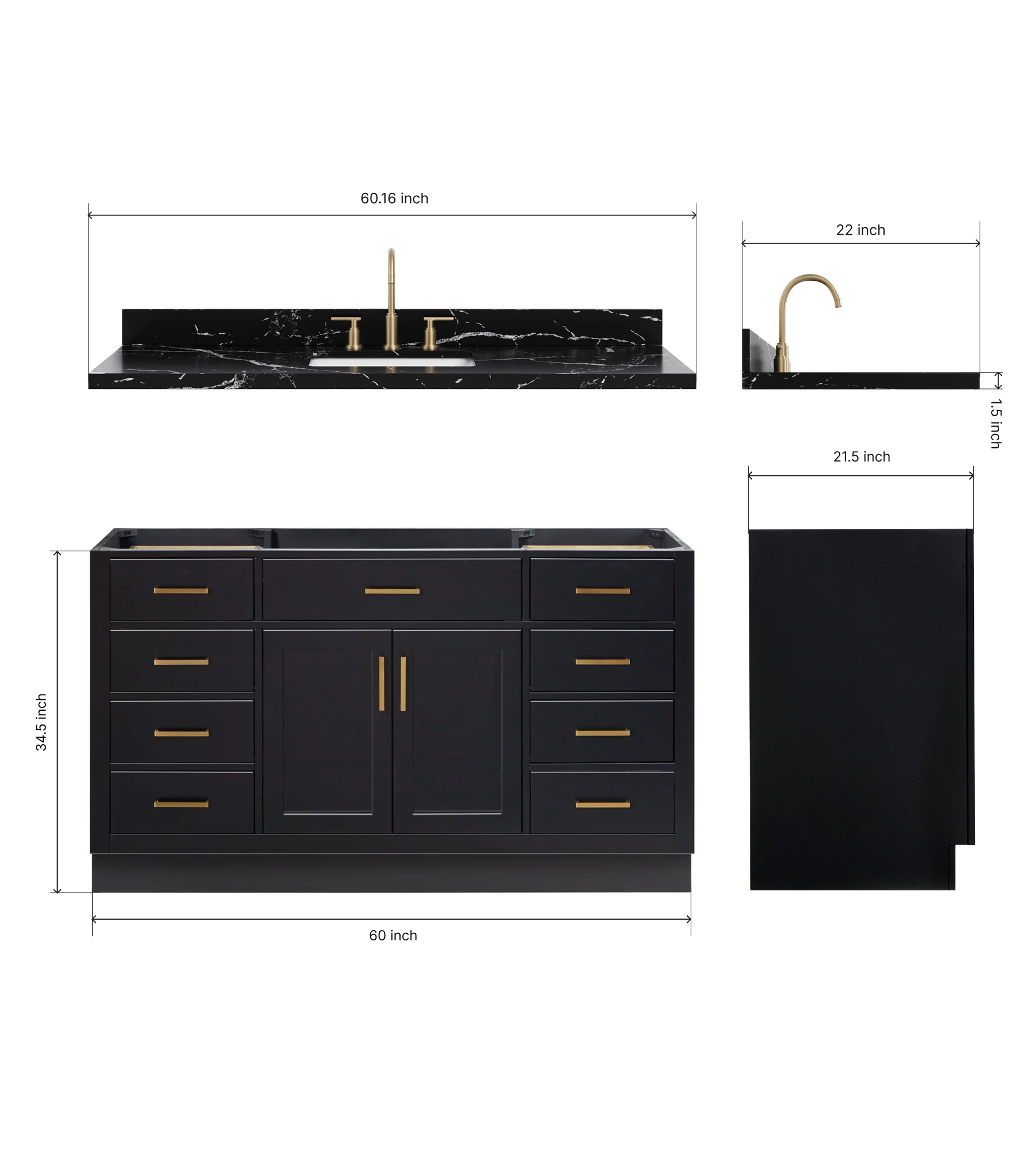 ARIEL Hepburn 60 Inch Single Rectangular Sink Bathroom Vanity With Nero Marquina Black Quartz Countertop 1.5 Inch In Black