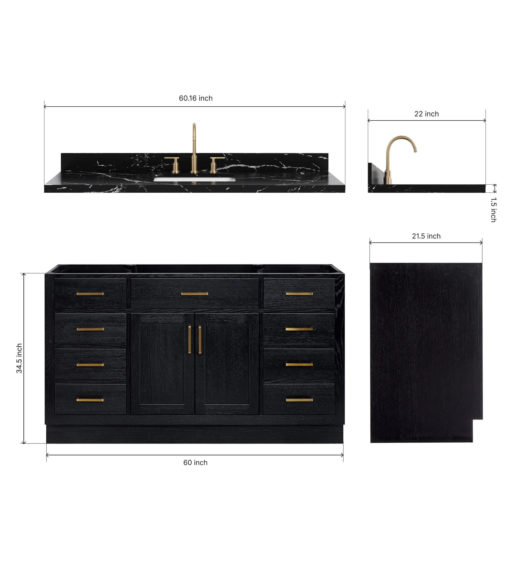 ARIEL Hepburn 60 Inch Single Rectangular Sink Bathroom Vanity With Nero Marquina Black Quartz Countertop 1.5 Inch In Black Oak