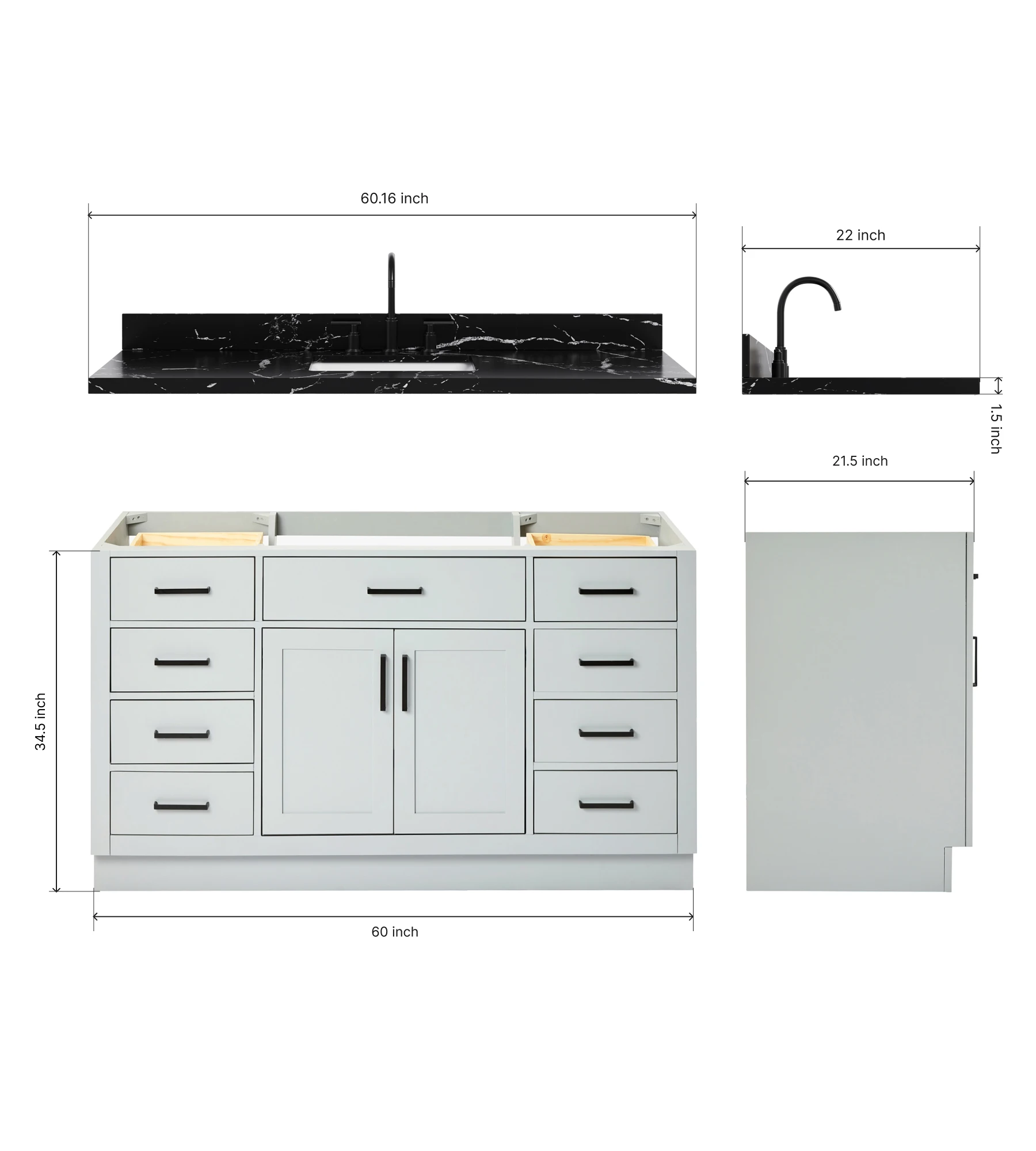 ARIEL Hepburn 60 Inch Single Rectangular Sink Bathroom Vanity With Nero Marquina Black Quartz Countertop 1.5 Inch In Grey
