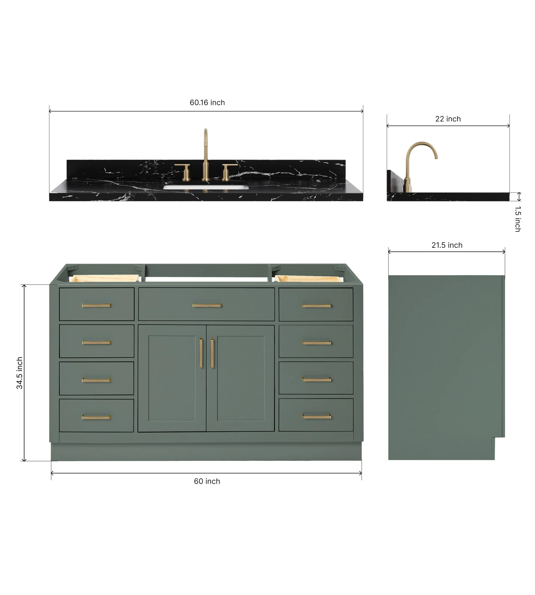 ARIEL Hepburn 60 Inch Single Rectangular Sink Bathroom Vanity With Nero Marquina Black Quartz Countertop 1.5 Inch In Vintage Sage Green