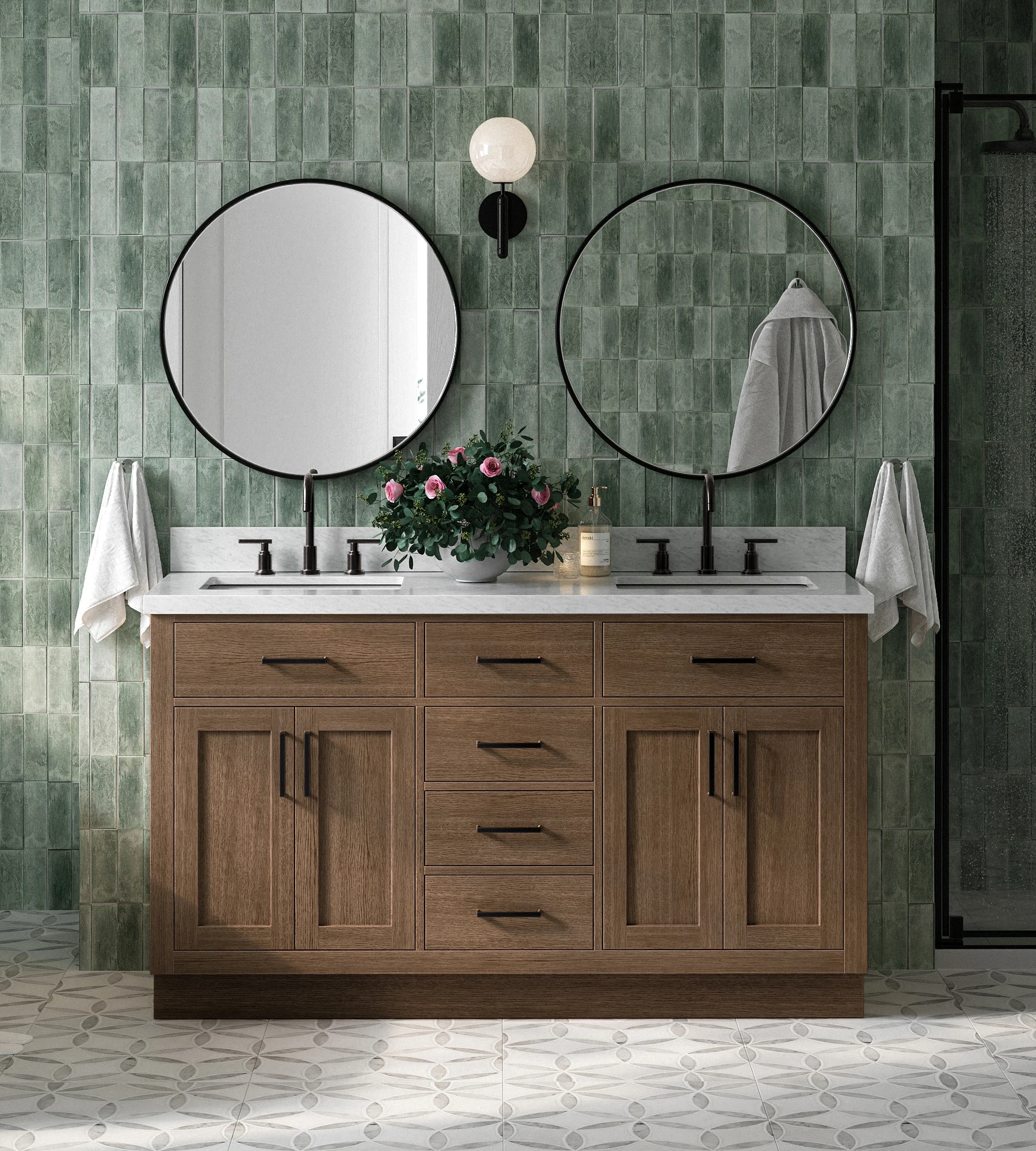 ARIEL Hepburn 61 Inch Double Rectangle Sink Bathroom Vanity With Carrara White Marble Countertop 1.5 Inch In Brown Oak