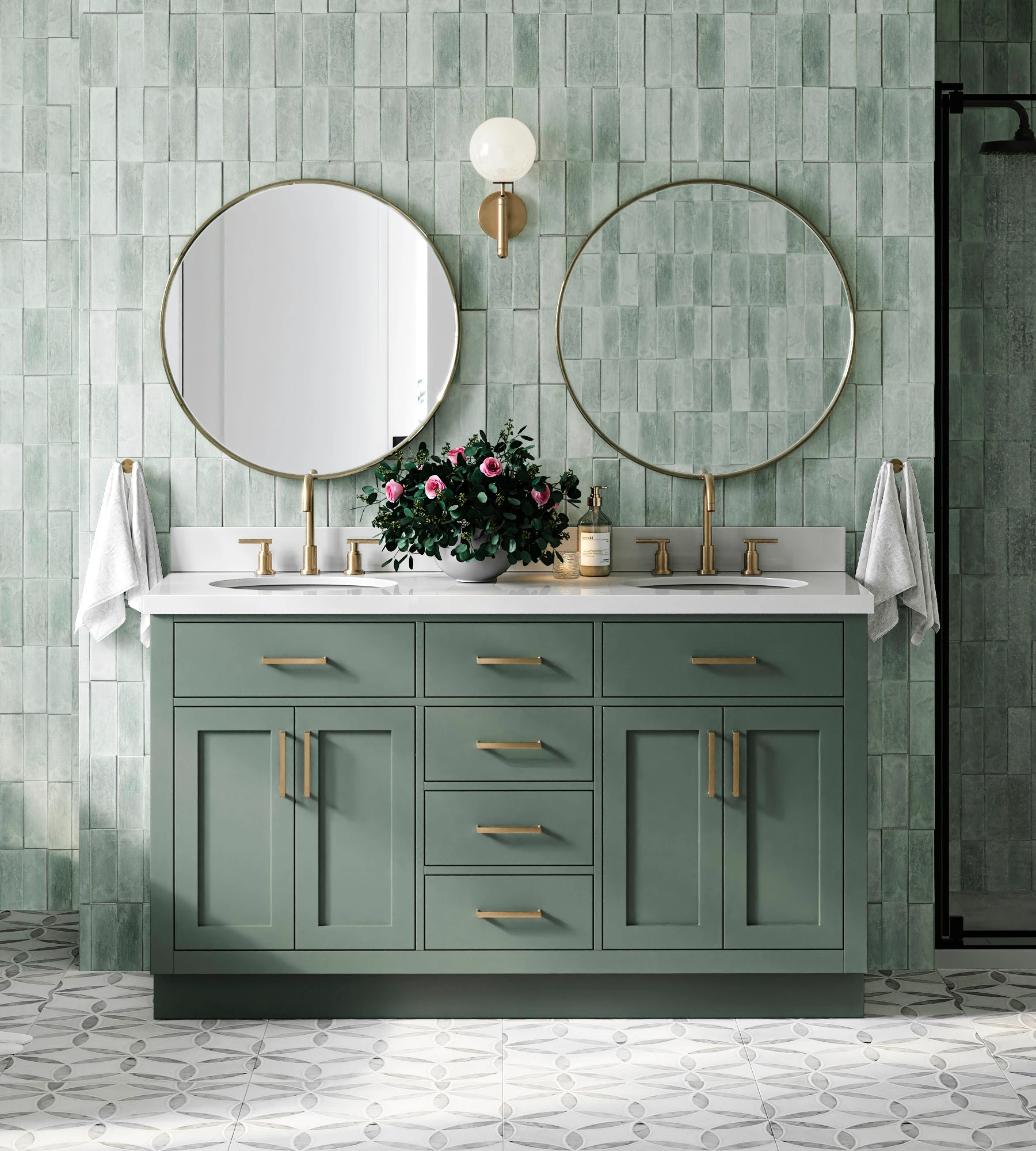 ARIEL Hepburn 60 Inch Double Sink Base Cabinet In Vintage Sage Green