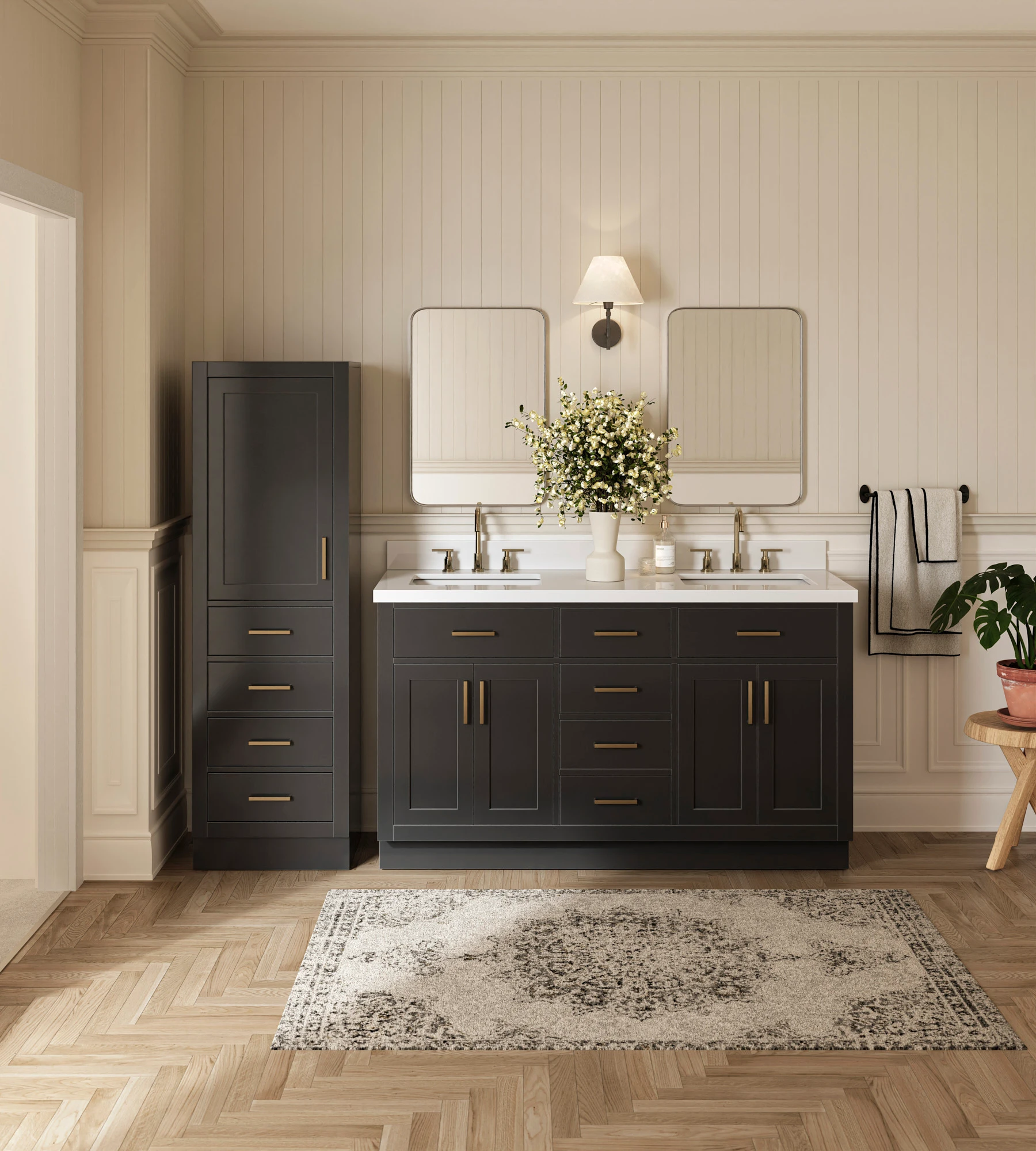 ARIEL Hepburn 81" Single Bathroom Vanity With Linen Cabinet In Black