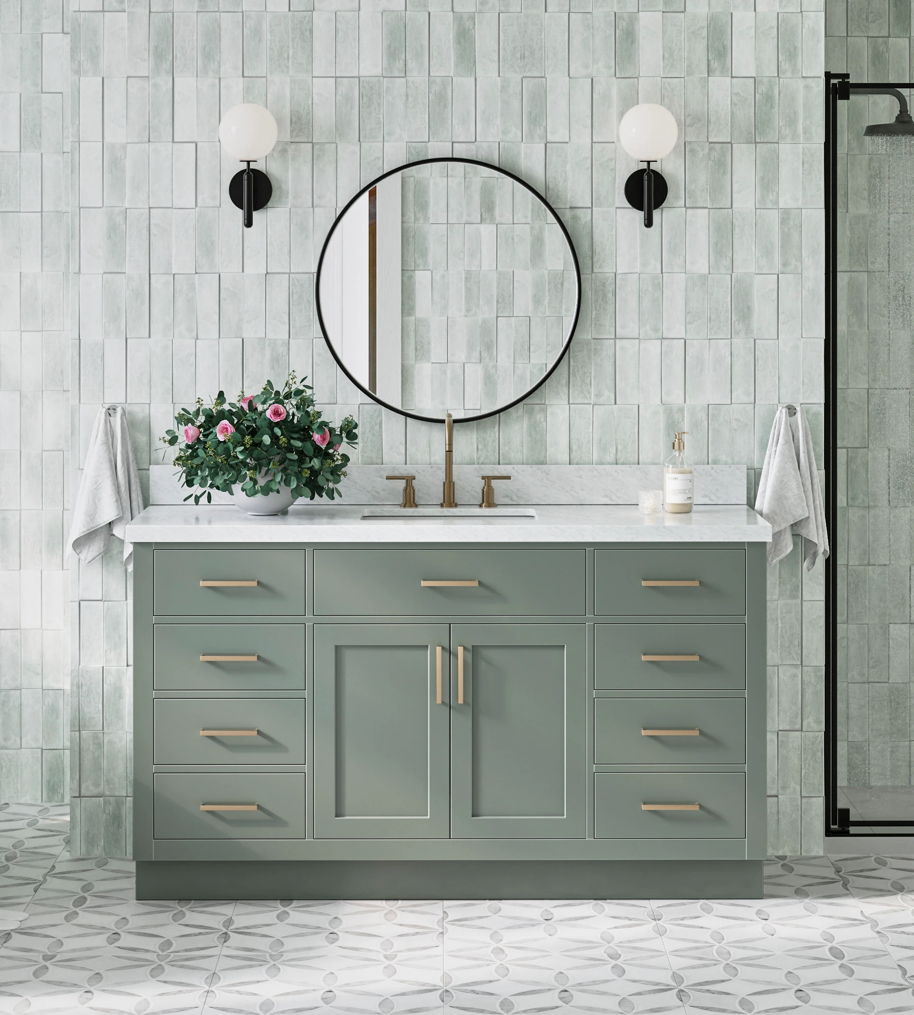 ARIEL Hepburn 61 Inch Rectangle Sink Vanity With 1.5 Inch Carrara White Countertop In Vintage Sage Green
