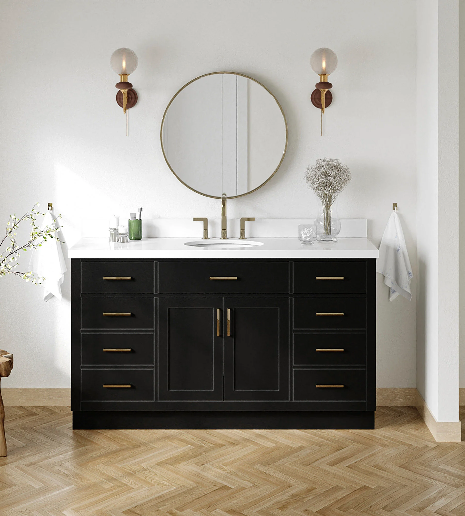 ARIEL Hepburn 61 Inch Oval Sink Bathroom Vanity With White Quartz Countertop 1.5 Inch Edge In Black