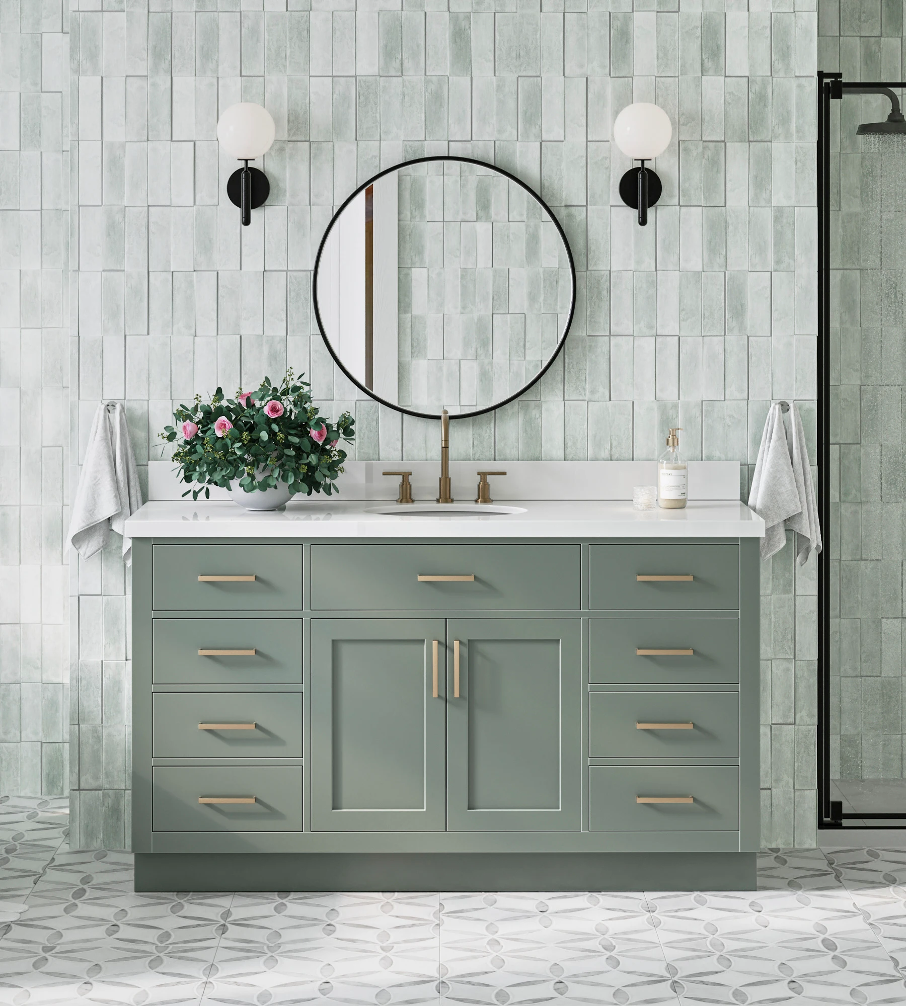 ARIEL Hepburn 61 Inch Oval Sink Vanity With White Quartz Countertop In Vintage Sage Green