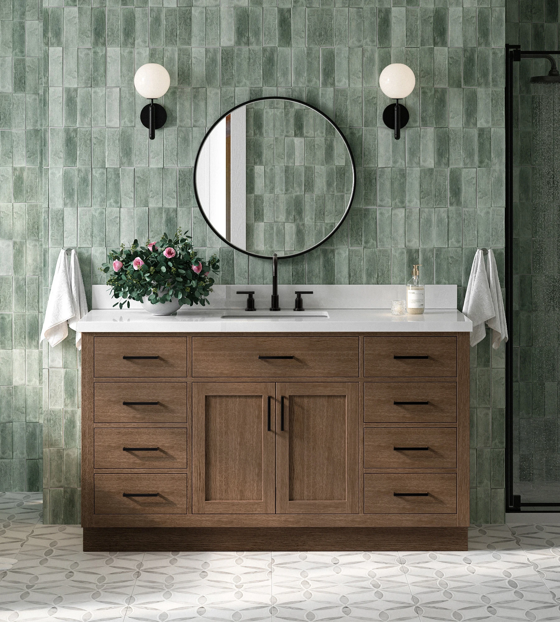 ARIEL Hepburn 61 Inch Single Rectangle Sink Bathroom Vanity With Pure White Quartz Countertop 1.5 Inch In Brown Oak