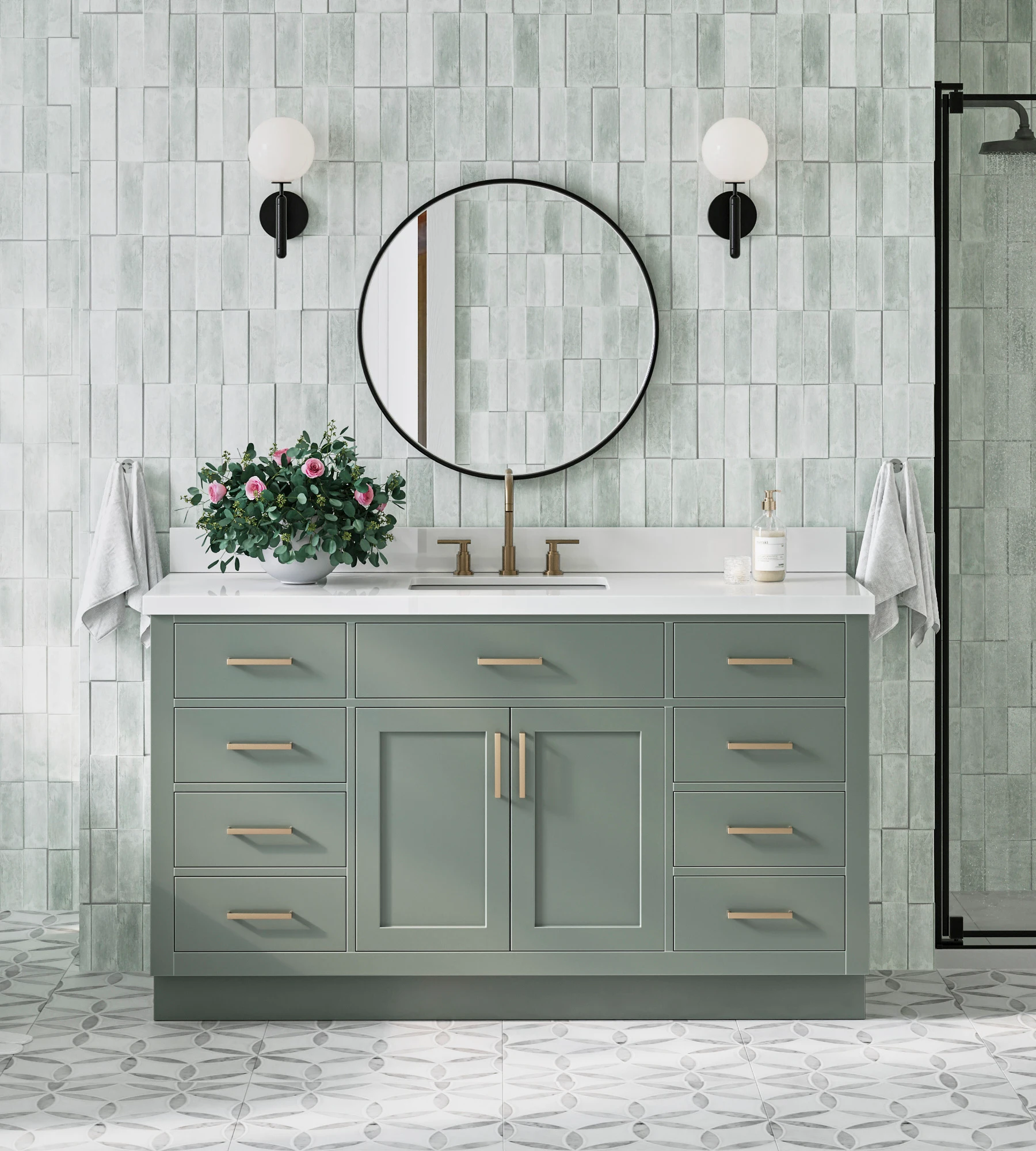 ARIEL Hepburn 61 Inch Rectangle Sink Vanity With White Quartz Countertop In Vintage Sage Green