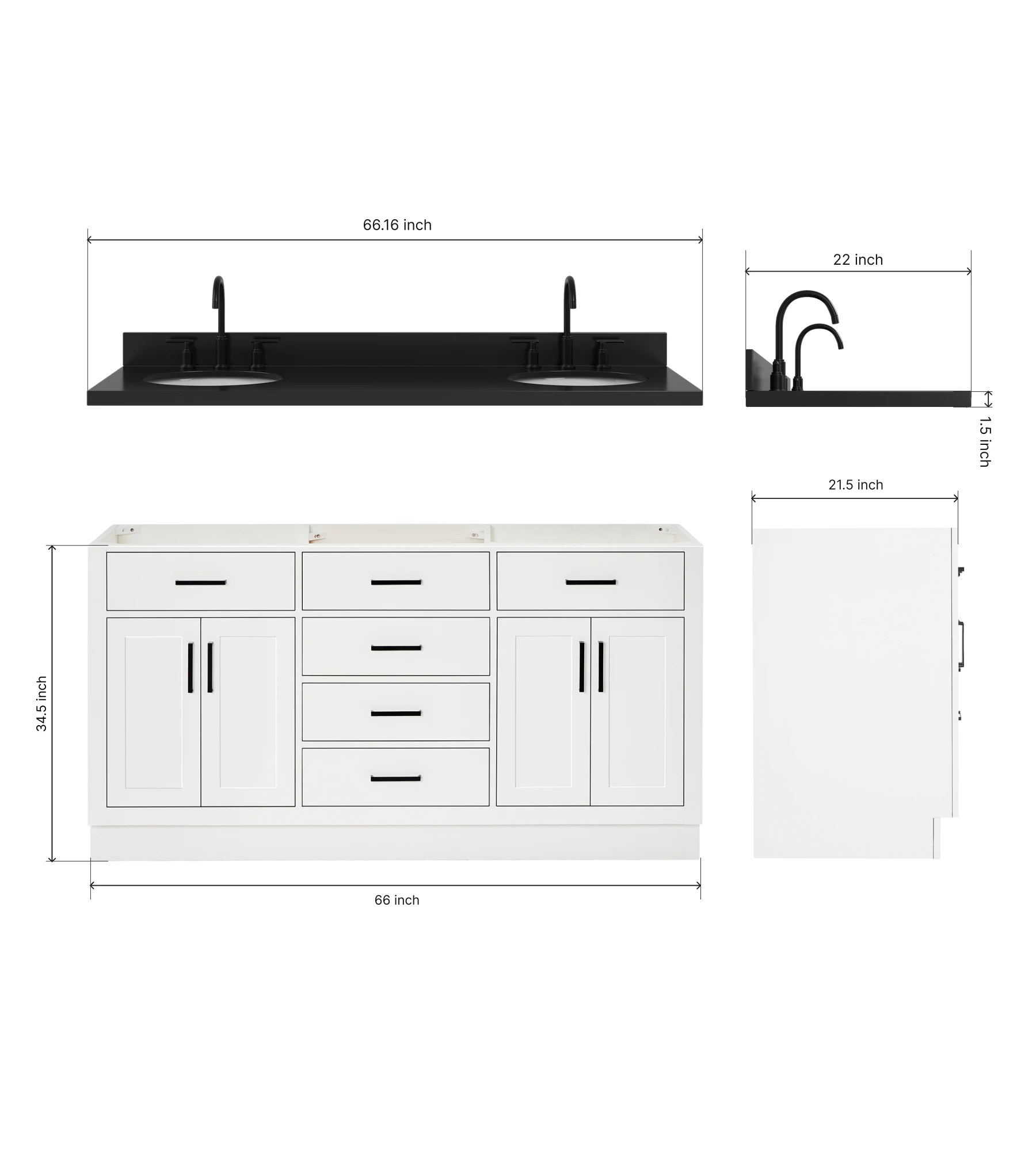 ARIEL Hepburn 66 Inch Double Oval Sink Bathroom Vanity With Carbon Black Quartz Countertop 1.5 Inch In White