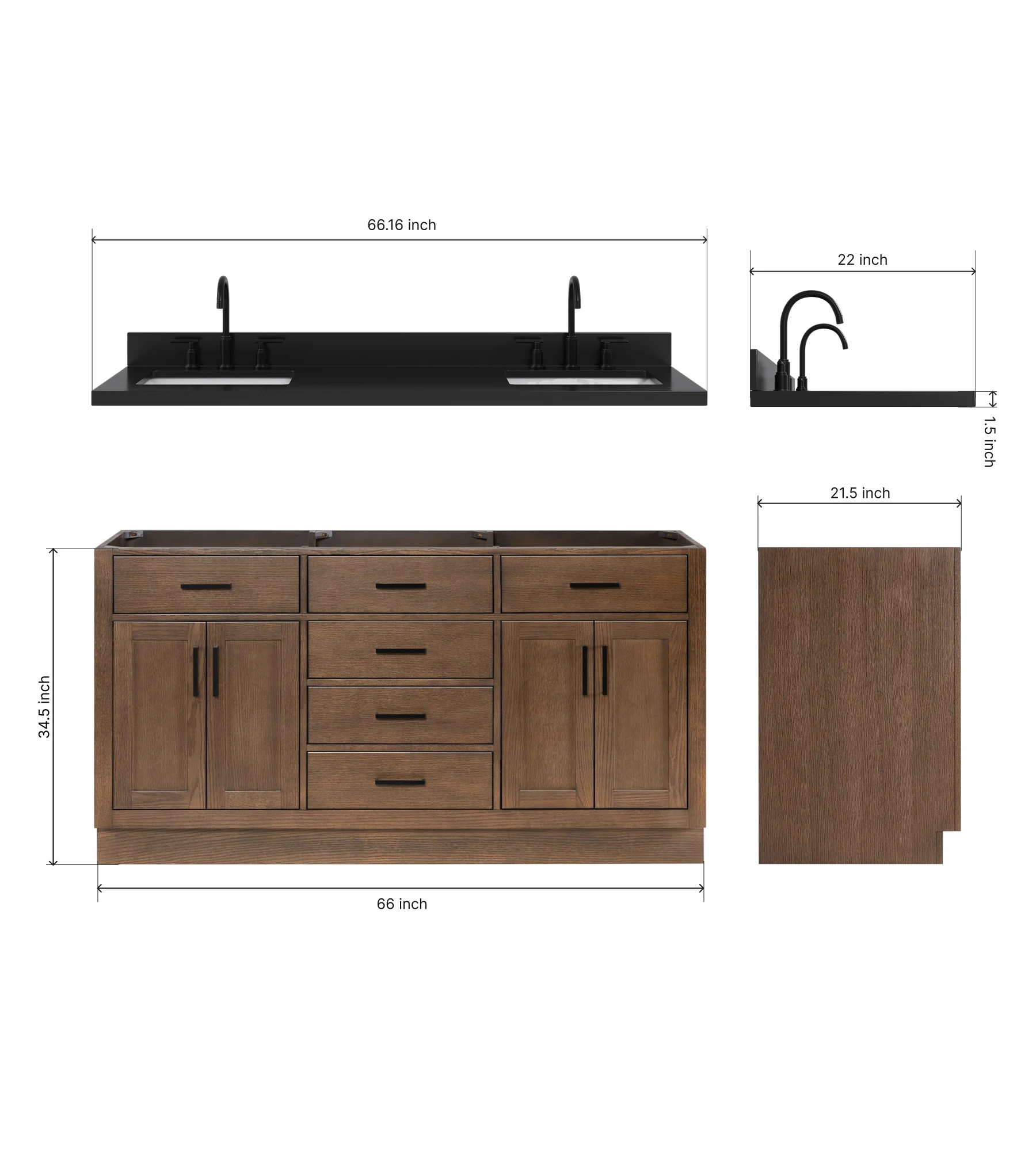 ARIEL Hepburn 66 Inch Double Rectangle Sink Bathroom Vanity With Carbon Black Quartz Countertop 1.5 Inch In Brown Oak