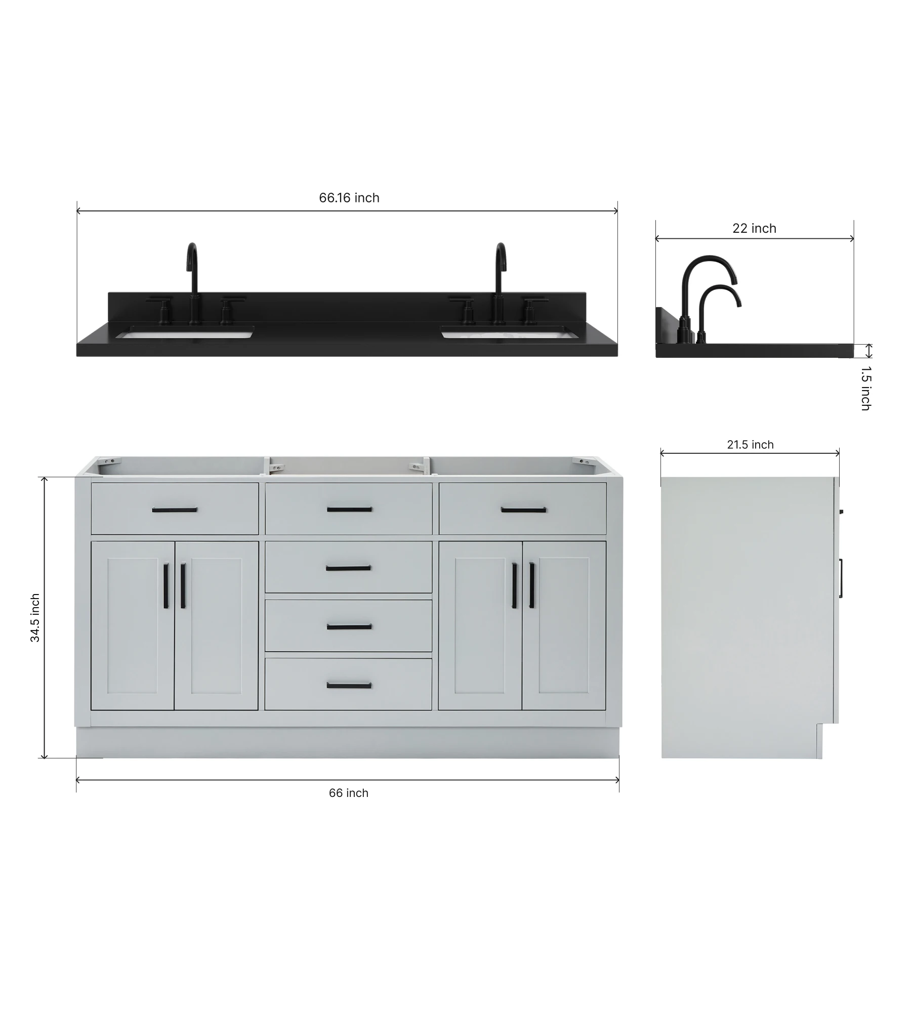 ARIEL Hepburn 66 Inch Double Rectangle Sink Bathroom Vanity With Carbon Black Quartz Countertop 1.5 Inch In Grey