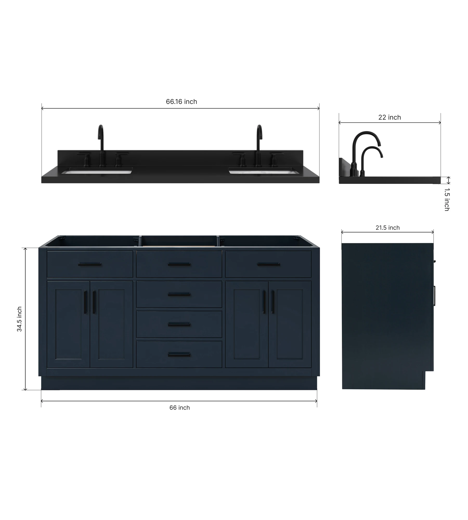 ARIEL Hepburn 66 Inch Double Rectangle Sink Bathroom Vanity With Carbon Black Quartz Countertop 1.5 Inch In Midnight Blue