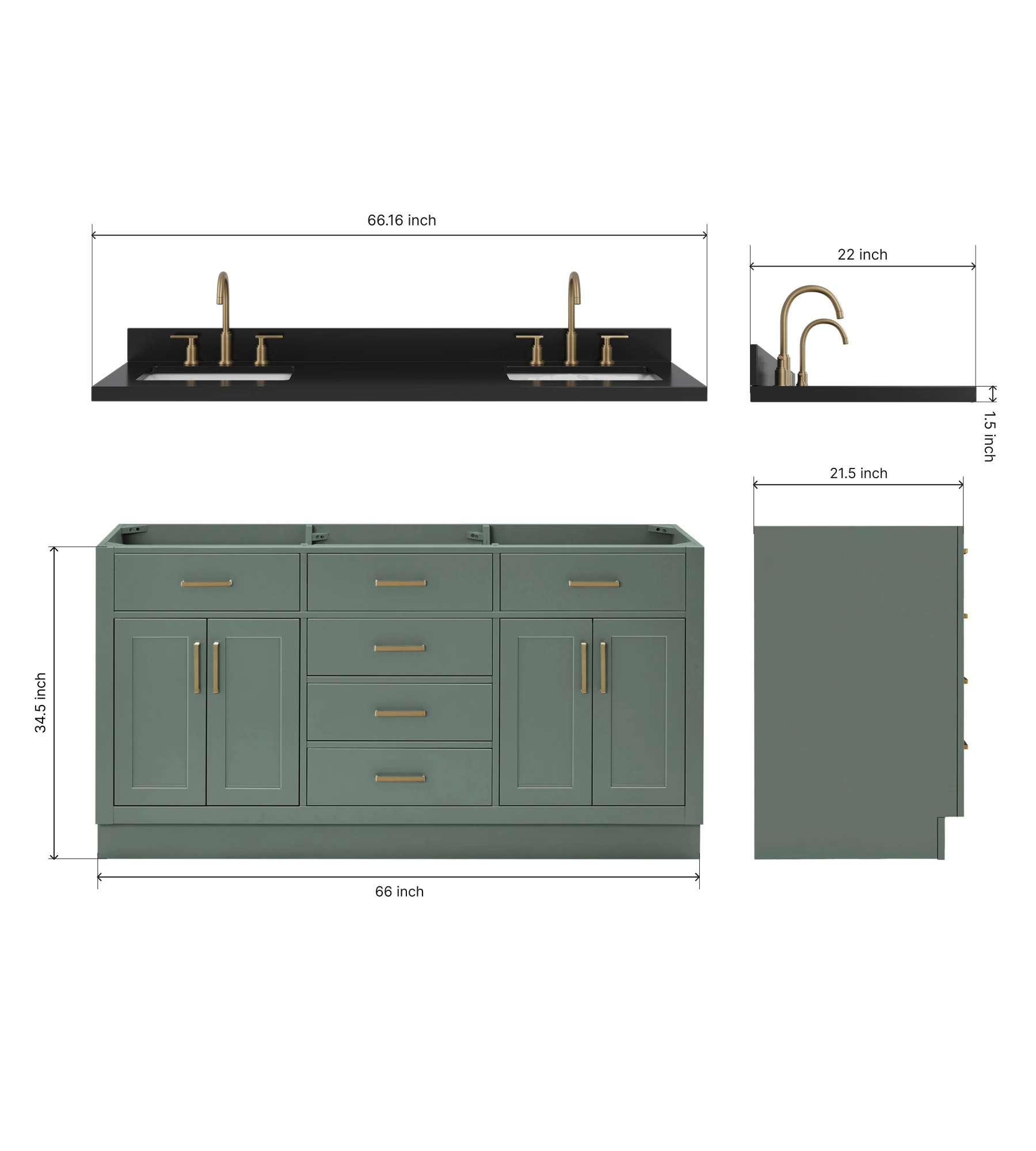 ARIEL Hepburn 66 Inch Double Rectangle Sink Bathroom Vanity With Carbon Black Quartz Countertop 1.5 Inch In Vintage Sage Green