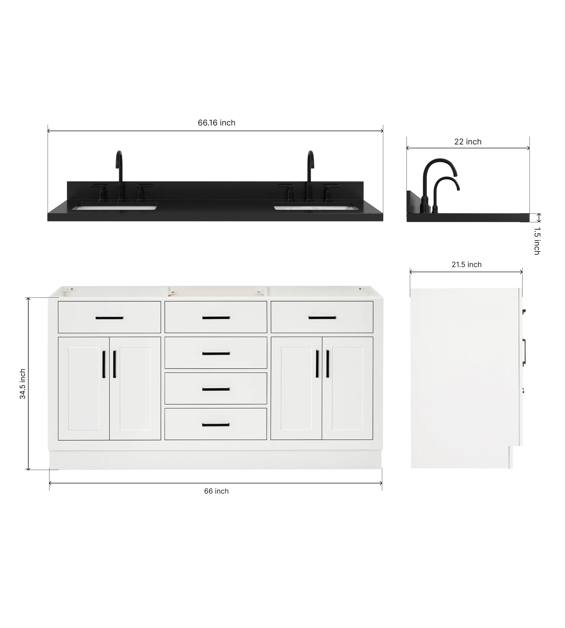 ARIEL Hepburn 66 Inch Double Rectangle Sink Bathroom Vanity With Carbon Black Quartz Countertop 1.5 Inch In White