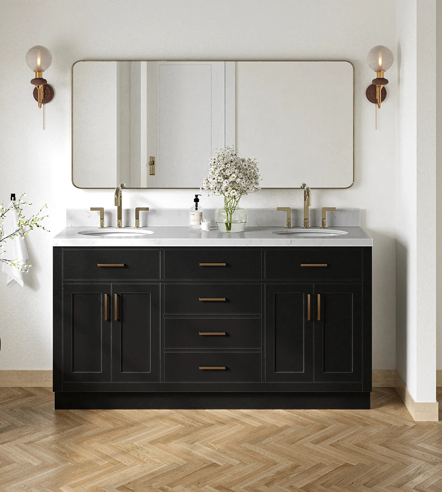 ARIEL Hepburn 66 Inch Double Sink Base Cabinet In Black