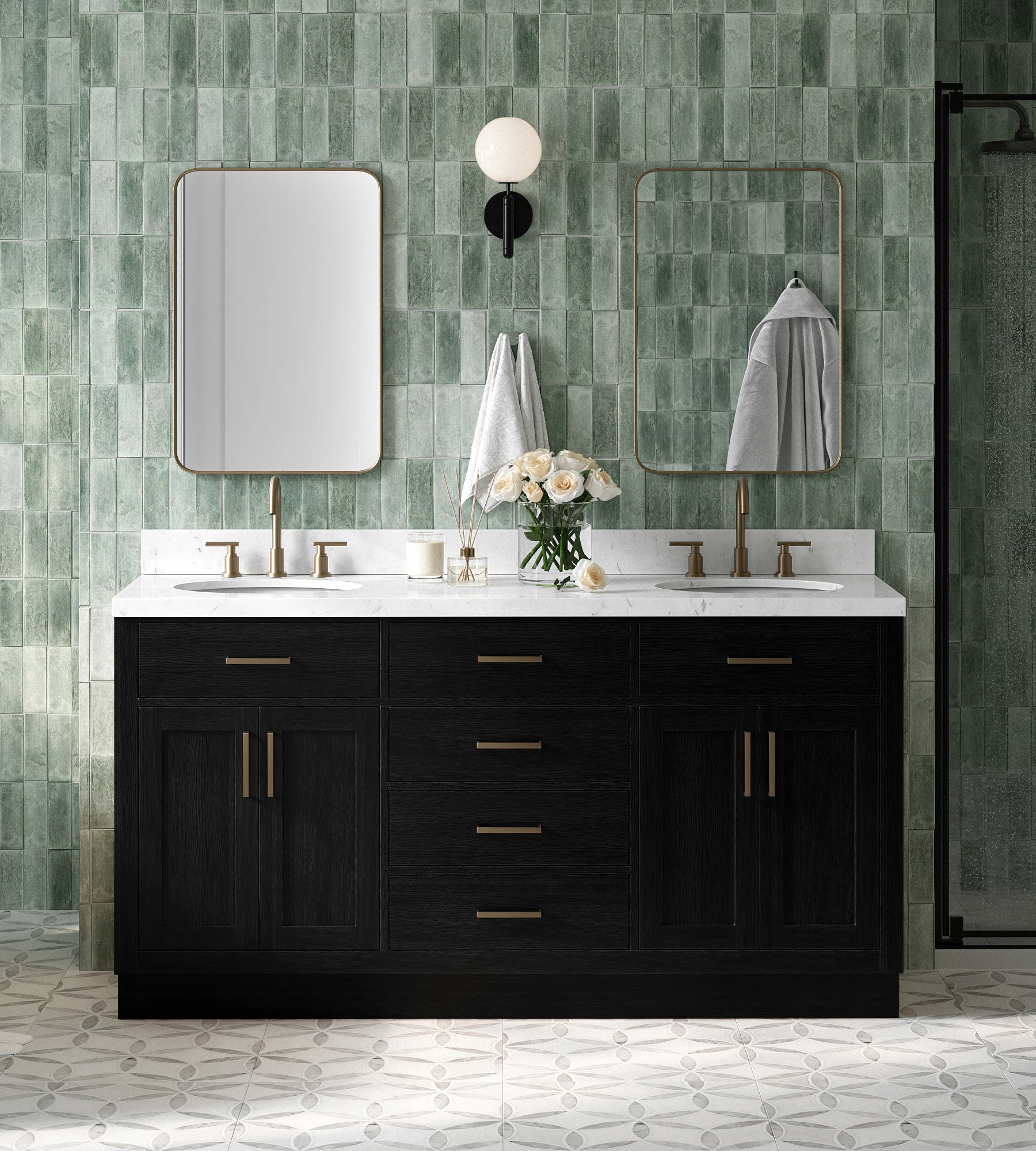 ARIEL Hepburn 66 Inch Double Oval Sink Bathroom Vanity With Carrara White Quartz Countertop 1.5 Inch In Black Oak