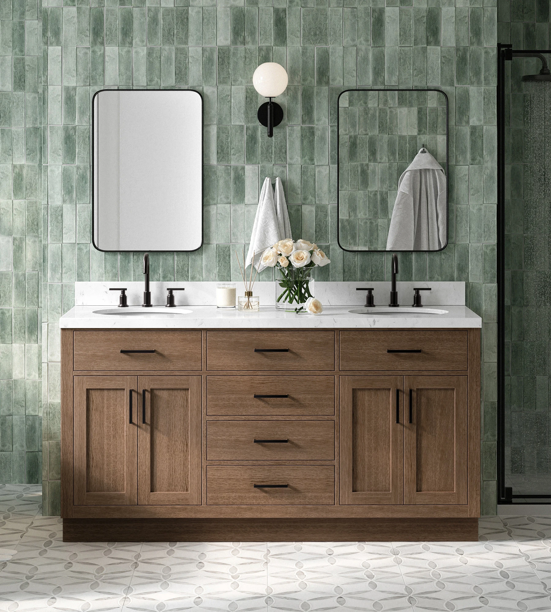 ARIEL Hepburn 66 Inch Double Oval Sink Bathroom Vanity With Carrara White Quartz Countertop 1.5 Inch In Brown Oak