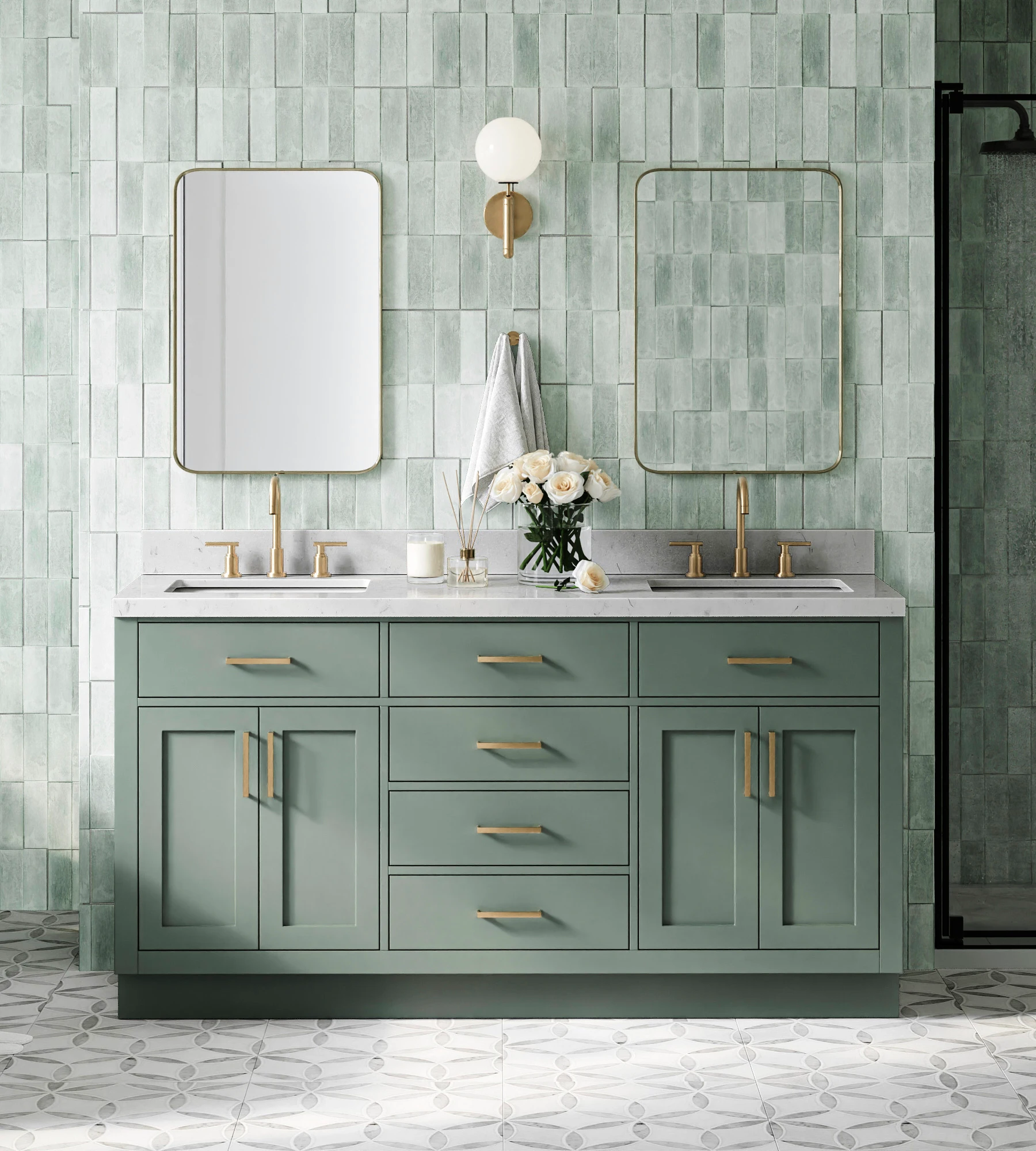 ARIEL Hepburn 66 Inch Double Rectangle Sink Bathroom Vanity With Carrara White Quartz Countertop 1.5 Inch In Vintage Sage Green